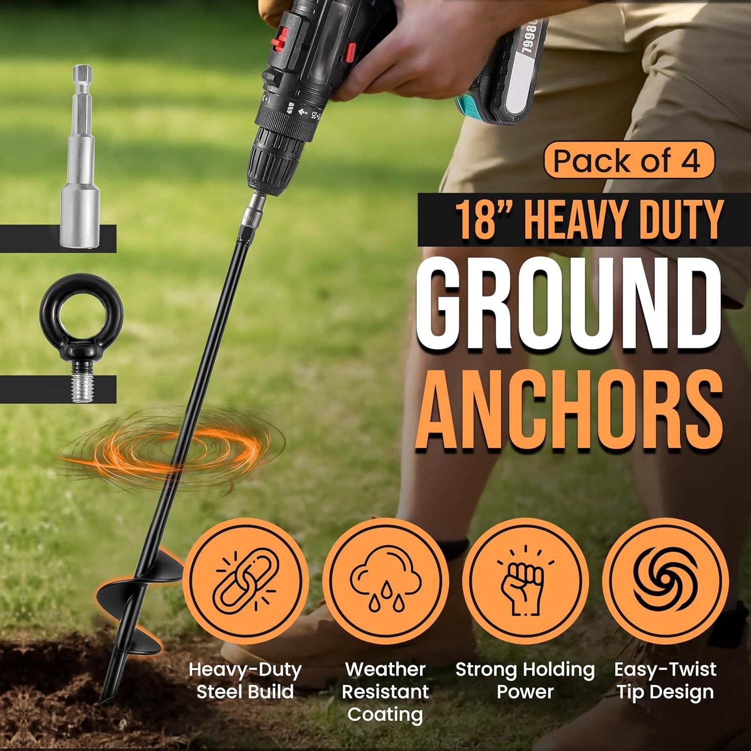 18” Heavy Duty Ground Anchors Screw-In Earth Stakes for Sheds Tents Carports