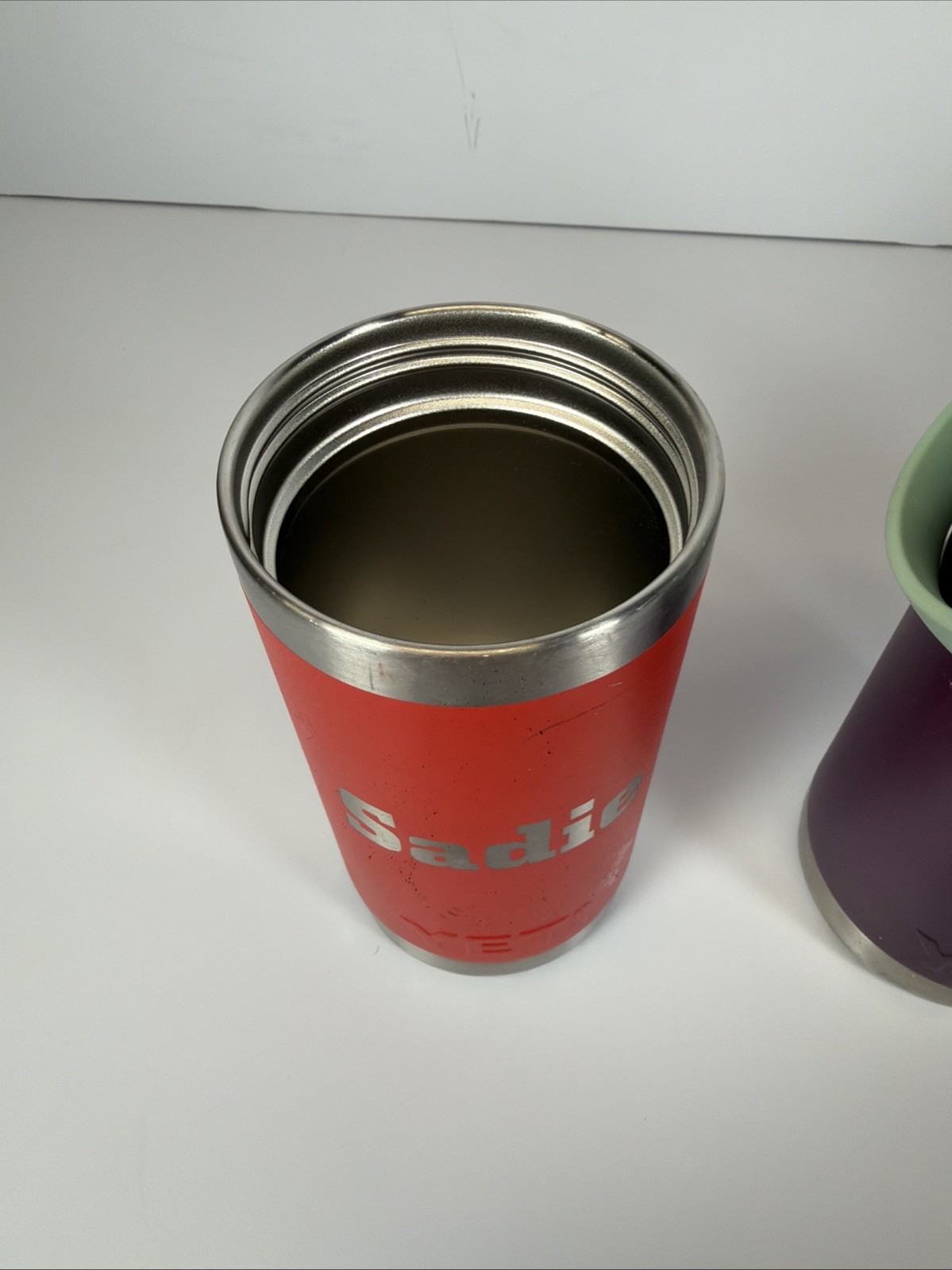 Lot of 4 22oz YETI Rambler Bottles & 3 Chug Lids Purple & Red Stainless Engraved
