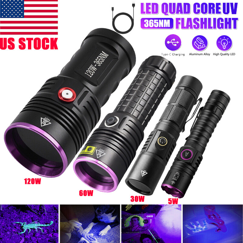30W 60W 120W UV Torch 365nm Black Light Rechargeable LED Inspection Flashlight