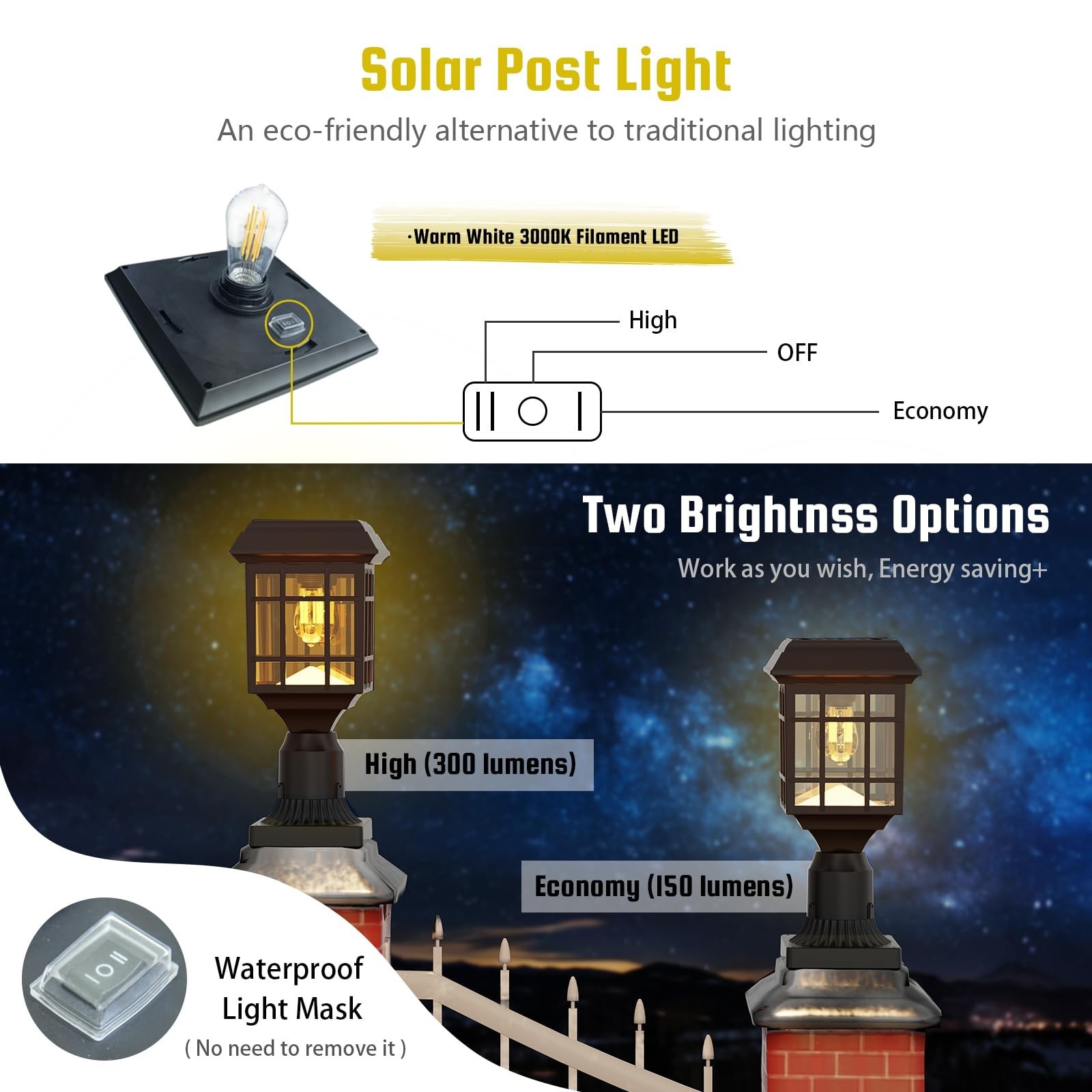 300 Lumens Solar Post Light – Dual Brightness (High 300LM/Eco 150LM), IP65 We…