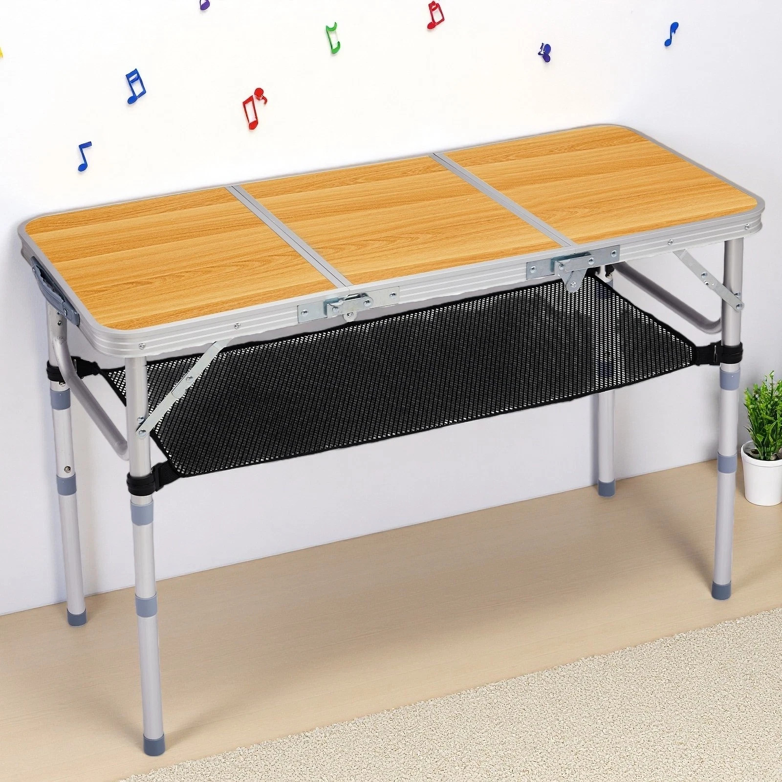 Folding Camping Table 3ft With Storage Net – Adjustable, Wood Grain & Aluminum
