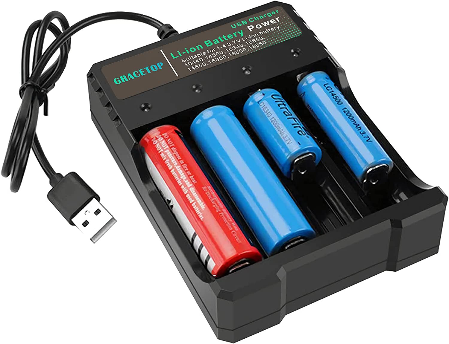 18650 Battery Charger 4-Bay 5V 2A for Rechargeable Batteries 3.7V Li-Ion
