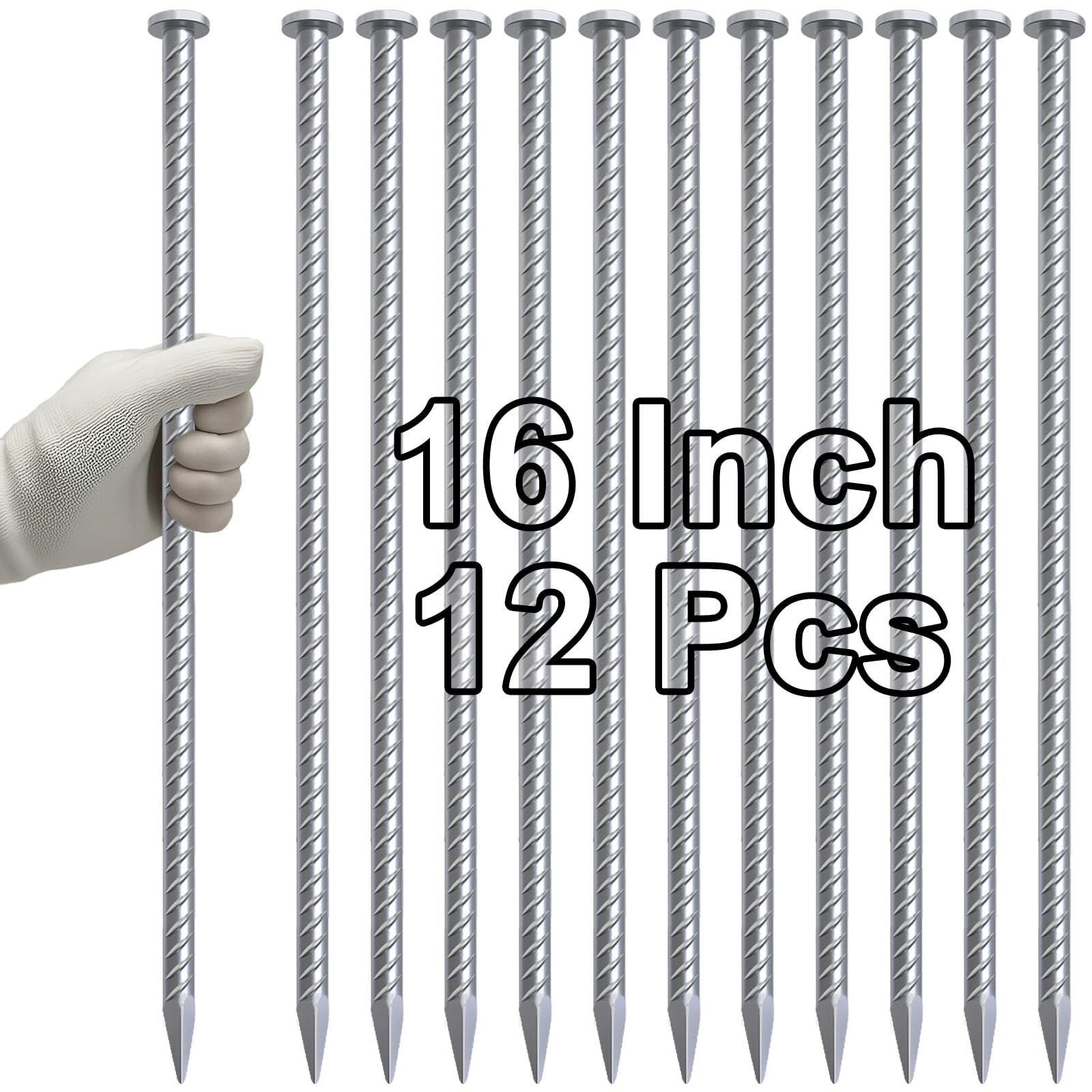 16″ Heavy Duty Metal Rebar Stakes – 12pcs Galvanized Ground Anchors for Asphalt,