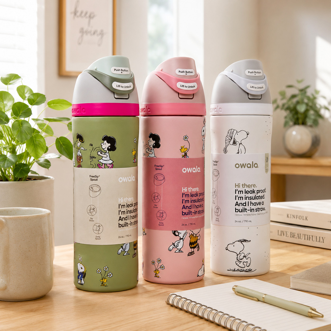 New Owala Cute Snoopy Tumbler Sport insulated Water bottle Flip Lock 24/32 OZ US