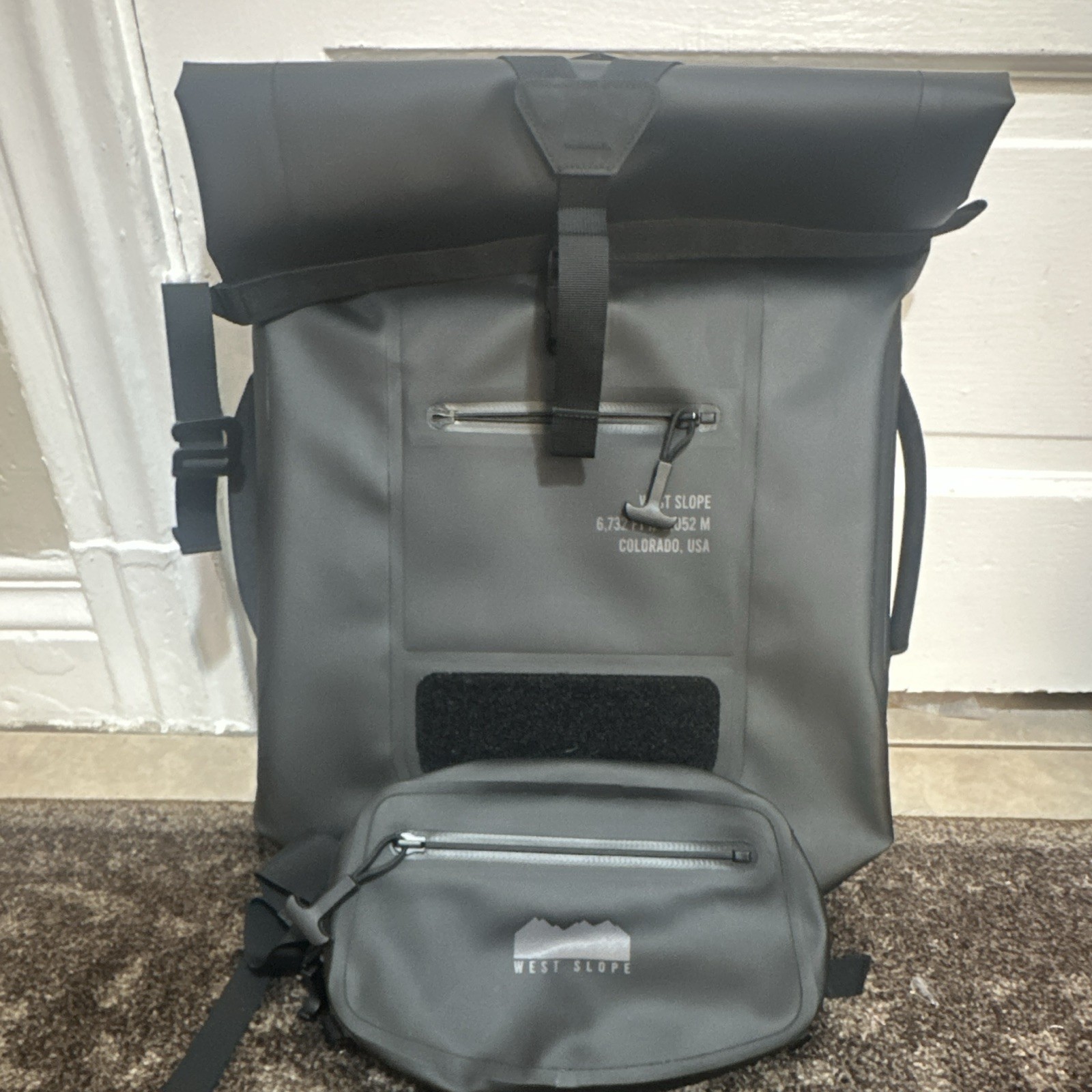 West Slope Gray Roll-Top Hiking Backpack Buckle Closure Padded Straps 6.7ft³