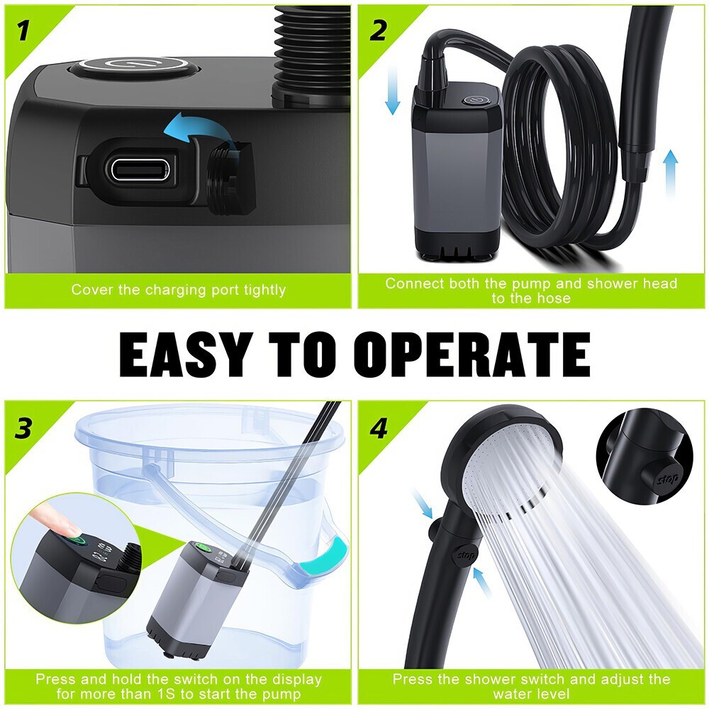 Portable Camping Shower Heater Rechargeable Outdoor 6000mAh Camp Pump for Travel