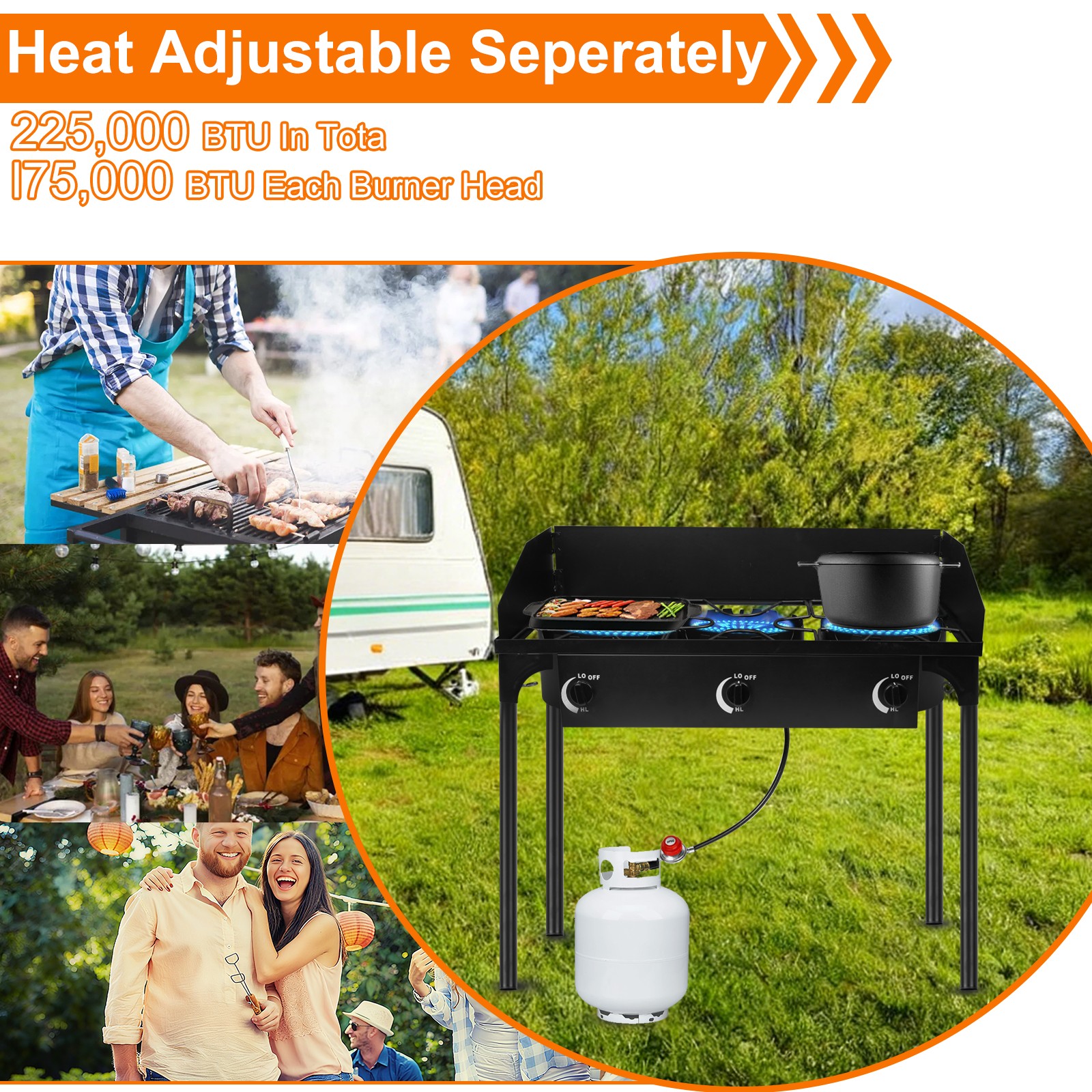 Portable Propane 225,000-BTU 3 Burner Gas Cooker Outdoor Camping Stove Grill
