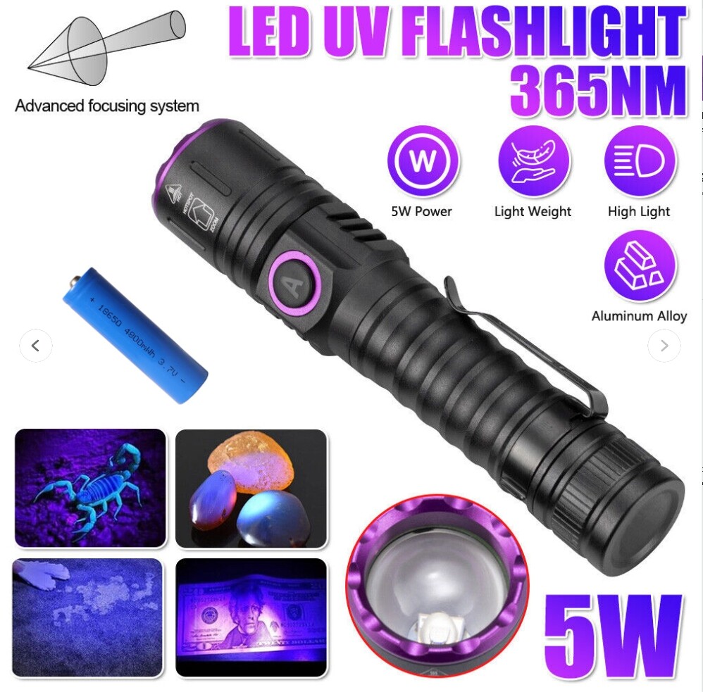 USB Rechargeable UV Light LED Flashlight 365nm Blacklight Inspect Torch Zoomable