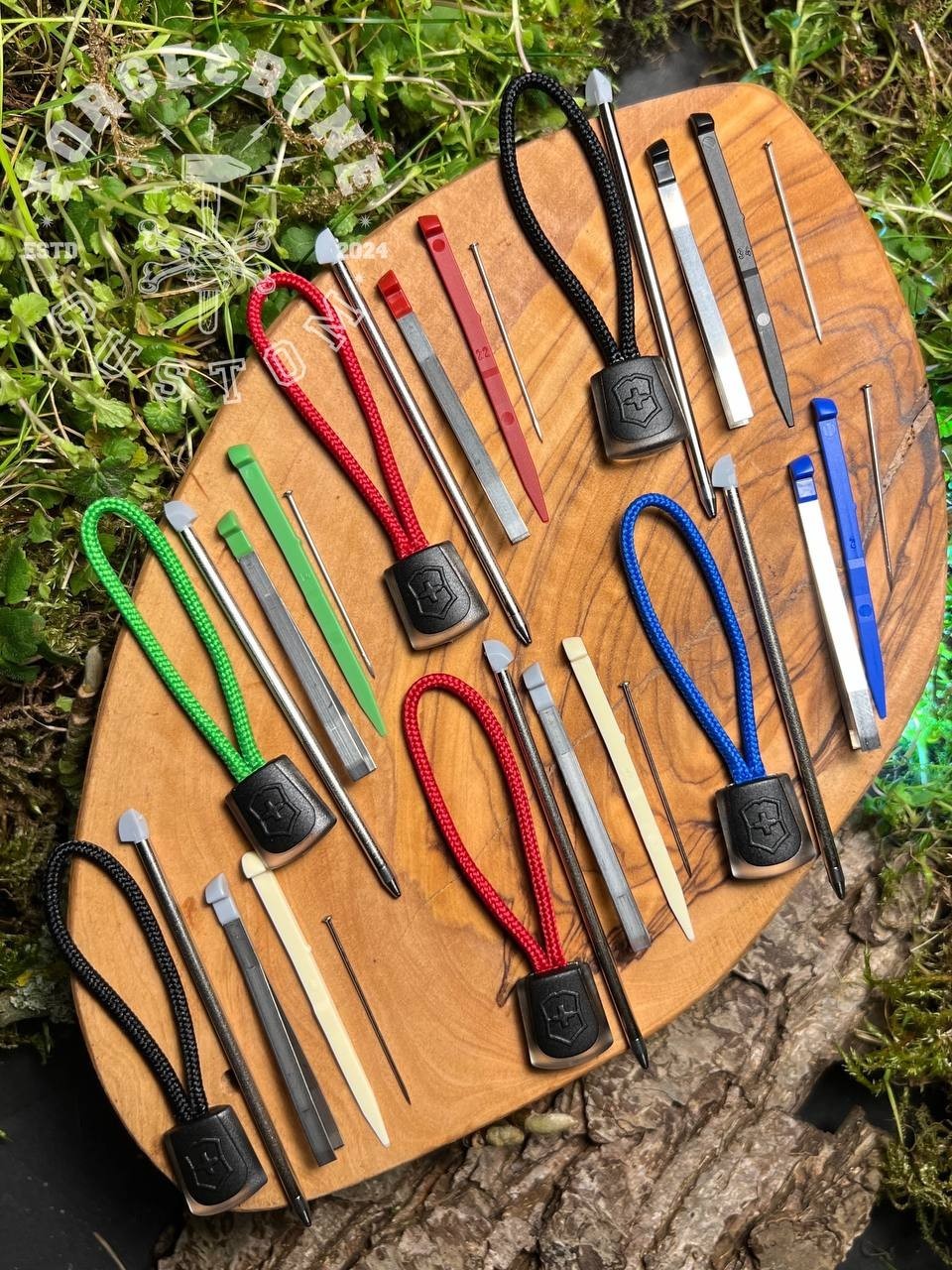 Custom scales for Victorinox 91mm Plus Box Elder Stabwood Red/Blue Grips
