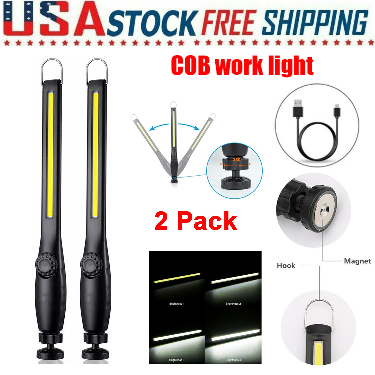 2PC Rechargeable 20000LM Astro Pneumatic LED Slim Work Light Lamp Cordless Torch