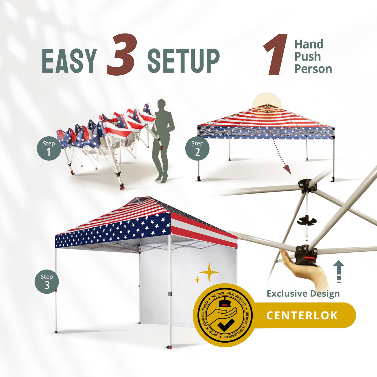 CROWN SHADES 10×10 Ft Canopy Tent w/Sidewall & Push Lock, American Flag (Used)
