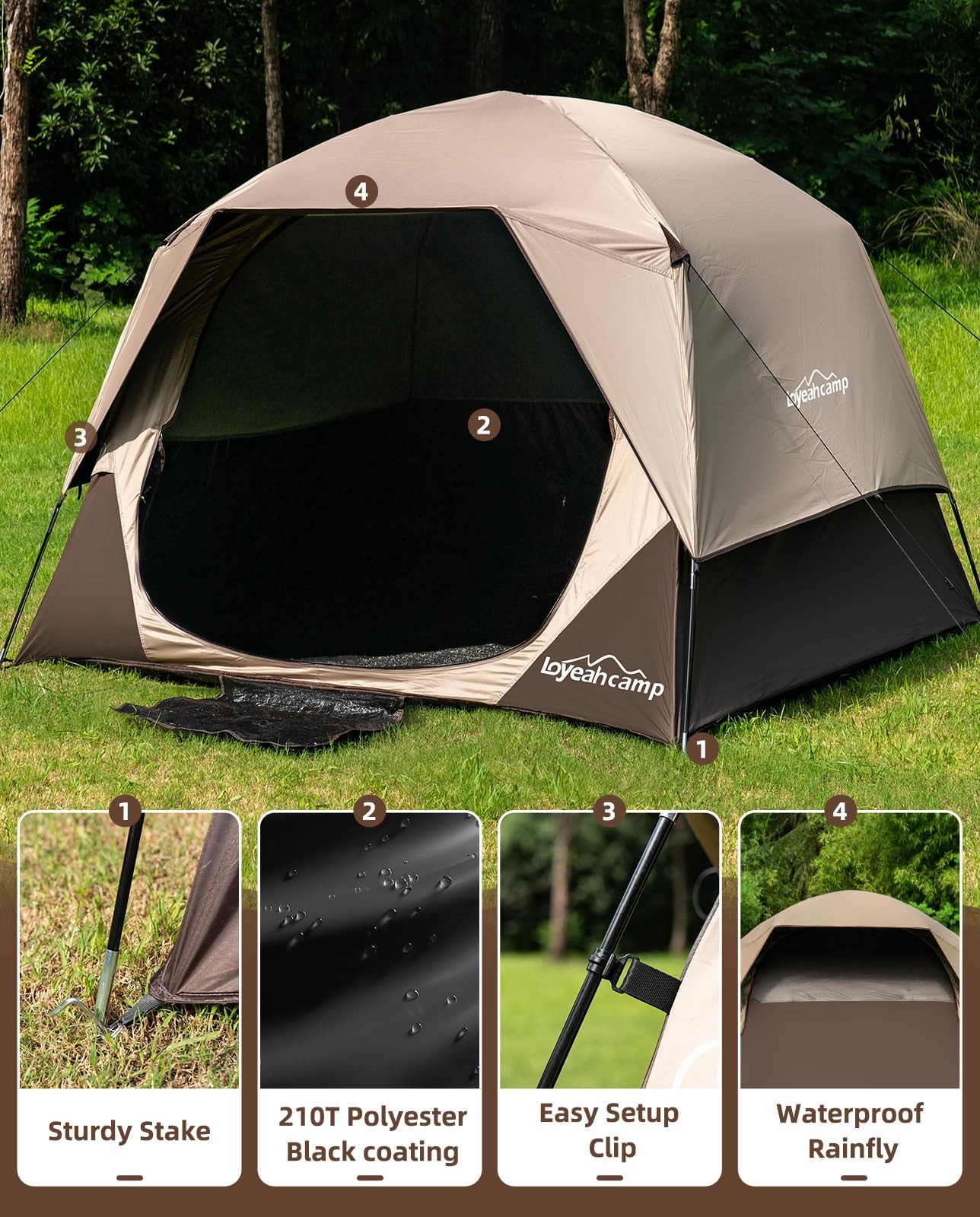 LOYEAHCAMP 4 Person Blackout Camping Tent, Easy Setup Waterproof Family Dome