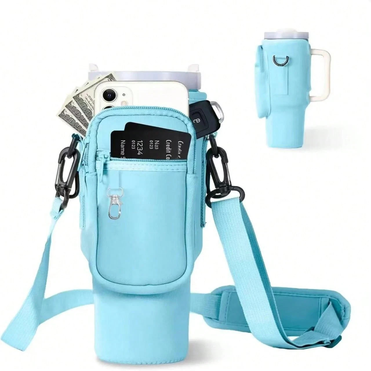1pc Water Bottle Carrier Bag Crossbody Sling 24-40oz Tumbler Phone Pocket Holder