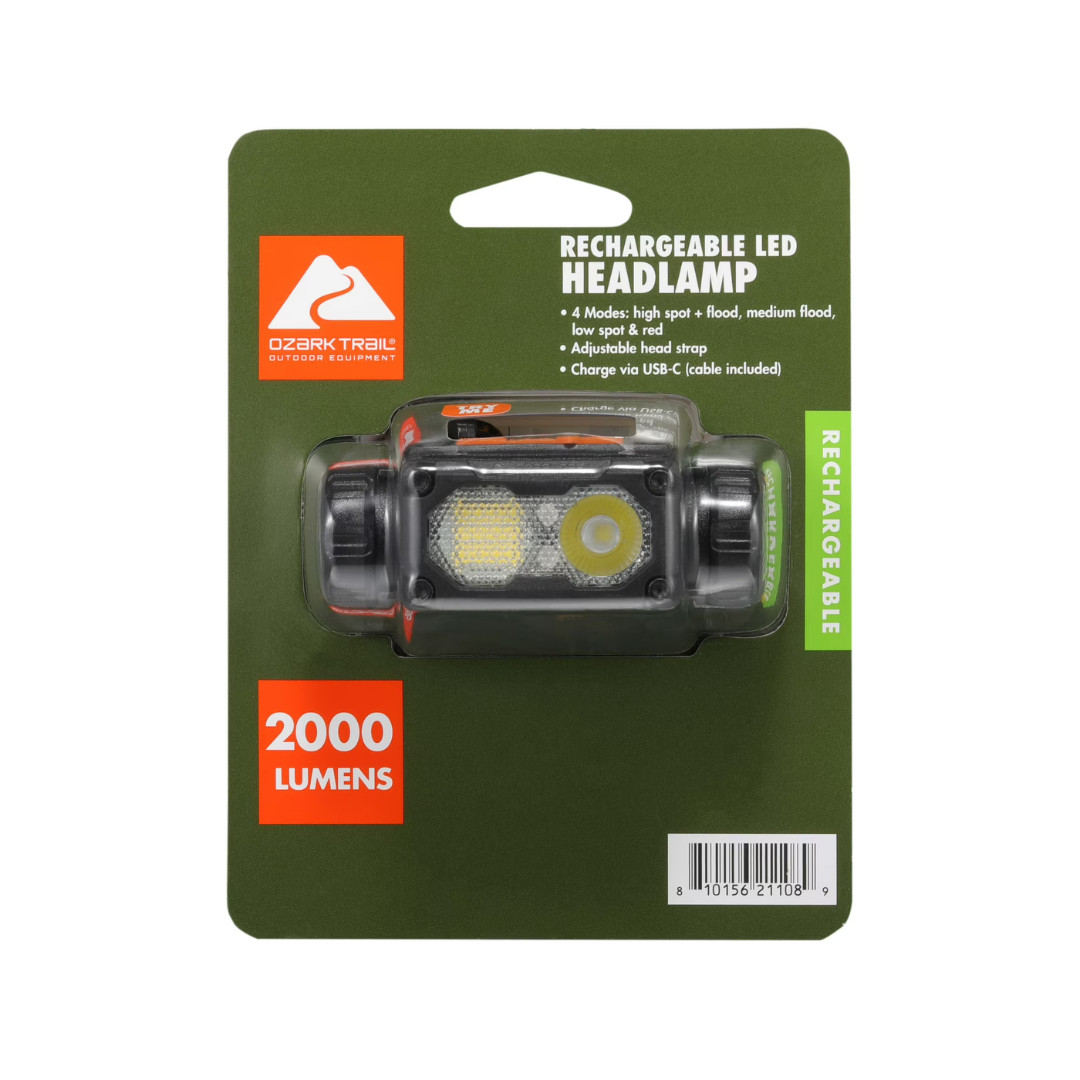 Ozark Trail LED Rechargeable Headlamp, 2000 Lumens, 4 Modes, IPX4 Water Resistan
