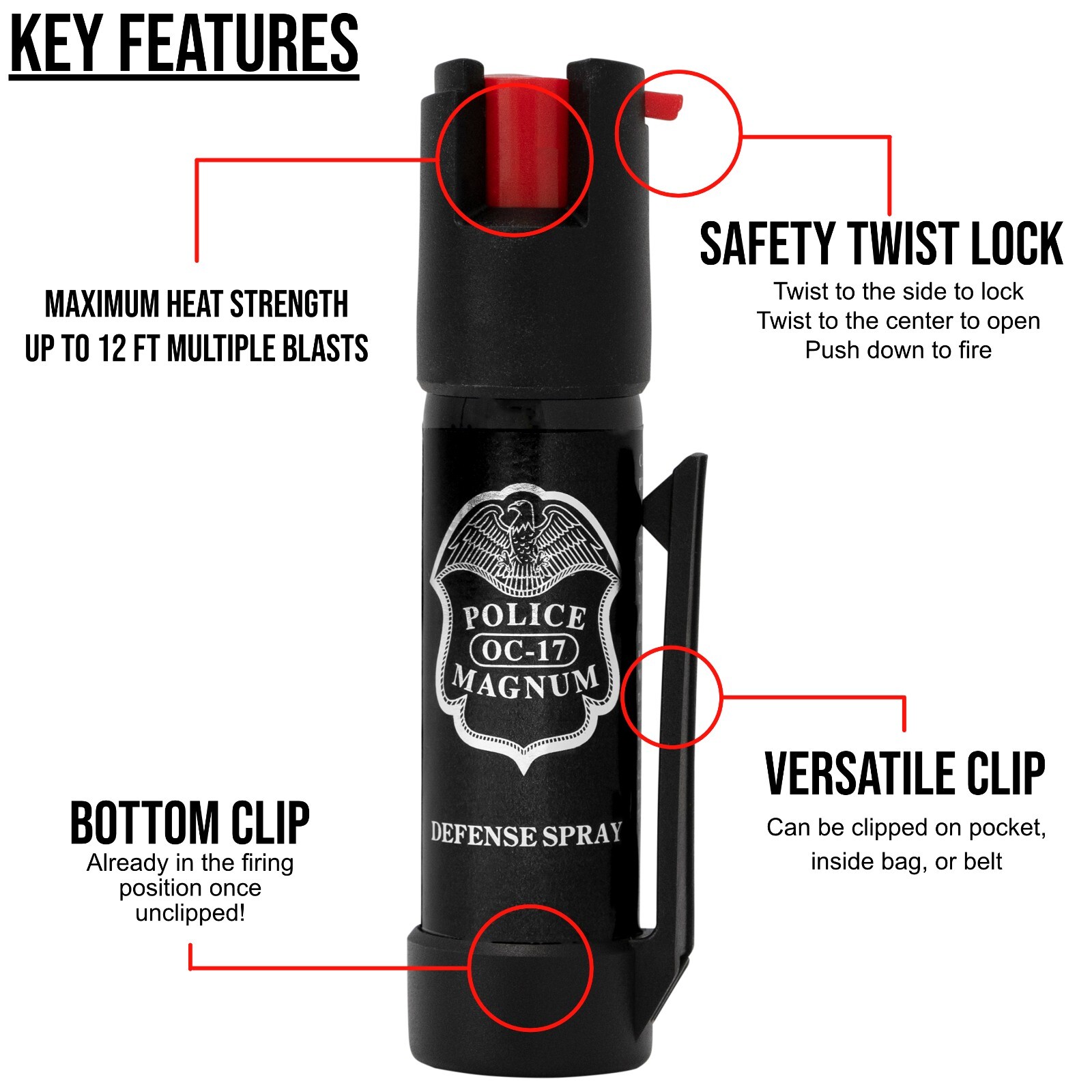 4 Police Magnum pepper spray .75oz bottom clip self defense security protection