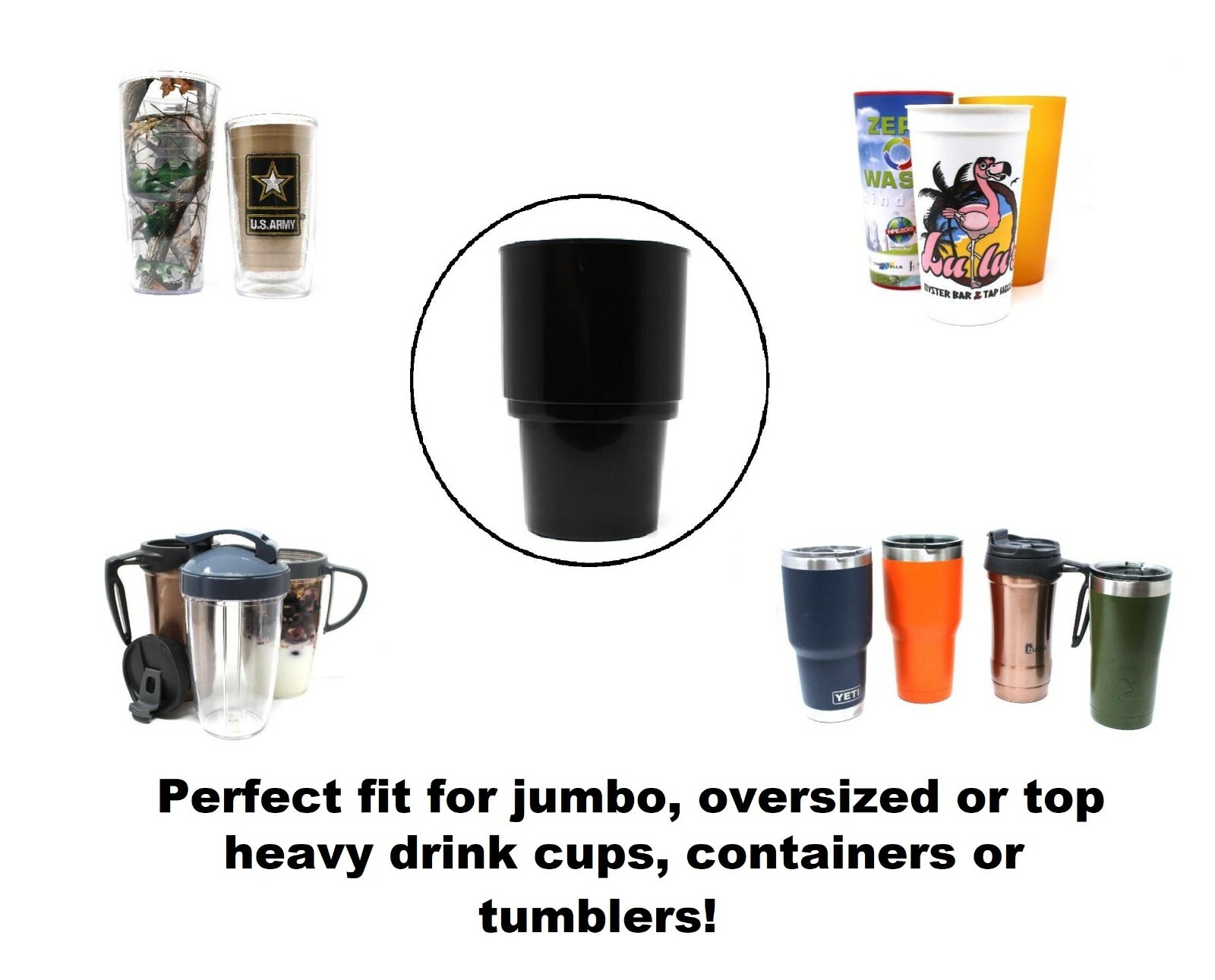 Black Universal Plastic Jumbo Drink Cup Holder Insert holds Oversized Drink Cups