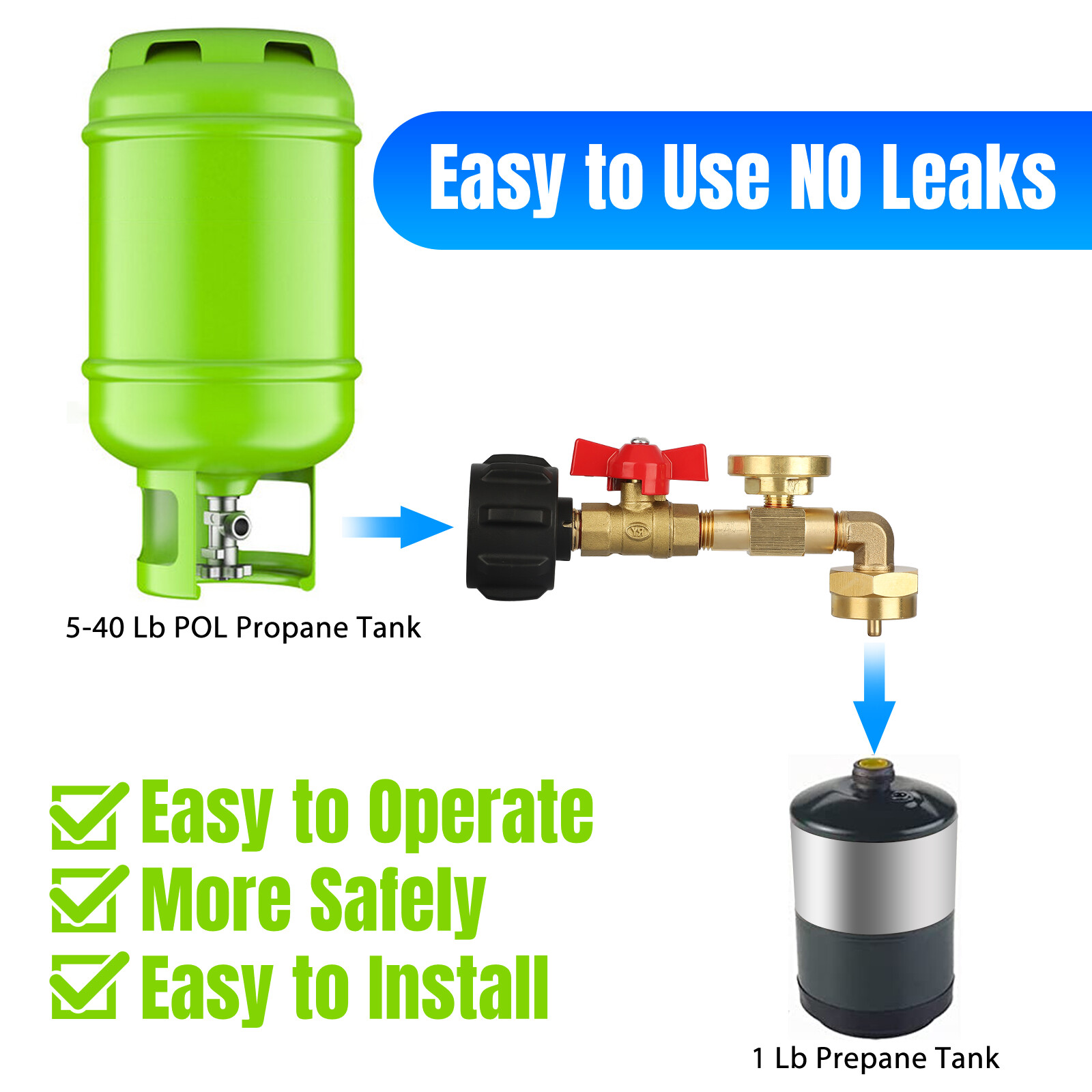New Propane Refill Adapter 1Lb To 20Lb Tank, With Gauge And ON-Off Control Valve