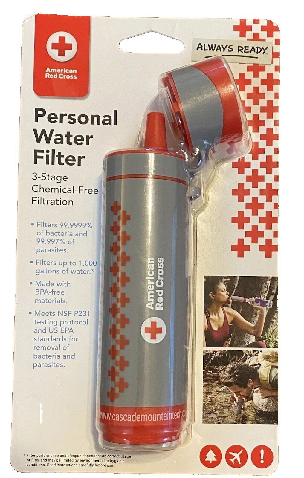Personal Water Filter 3-Stage Chemical Free Filtration red cross