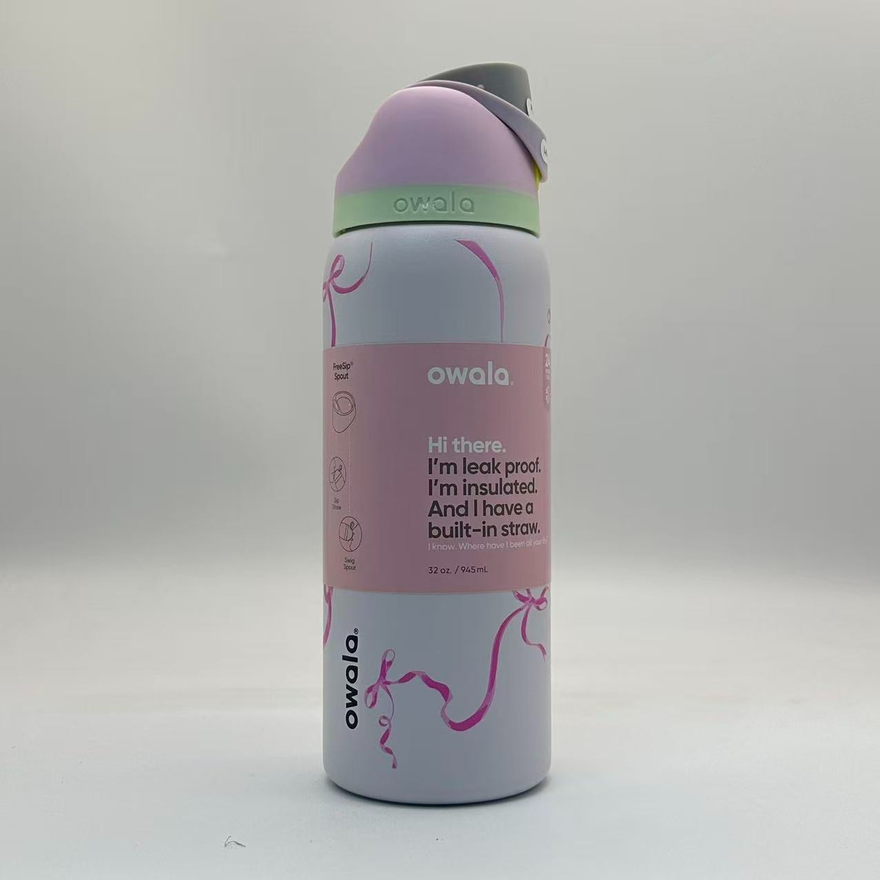 32oz Owala FreeSip Pink Bow Water Bottle Sport Mug – New