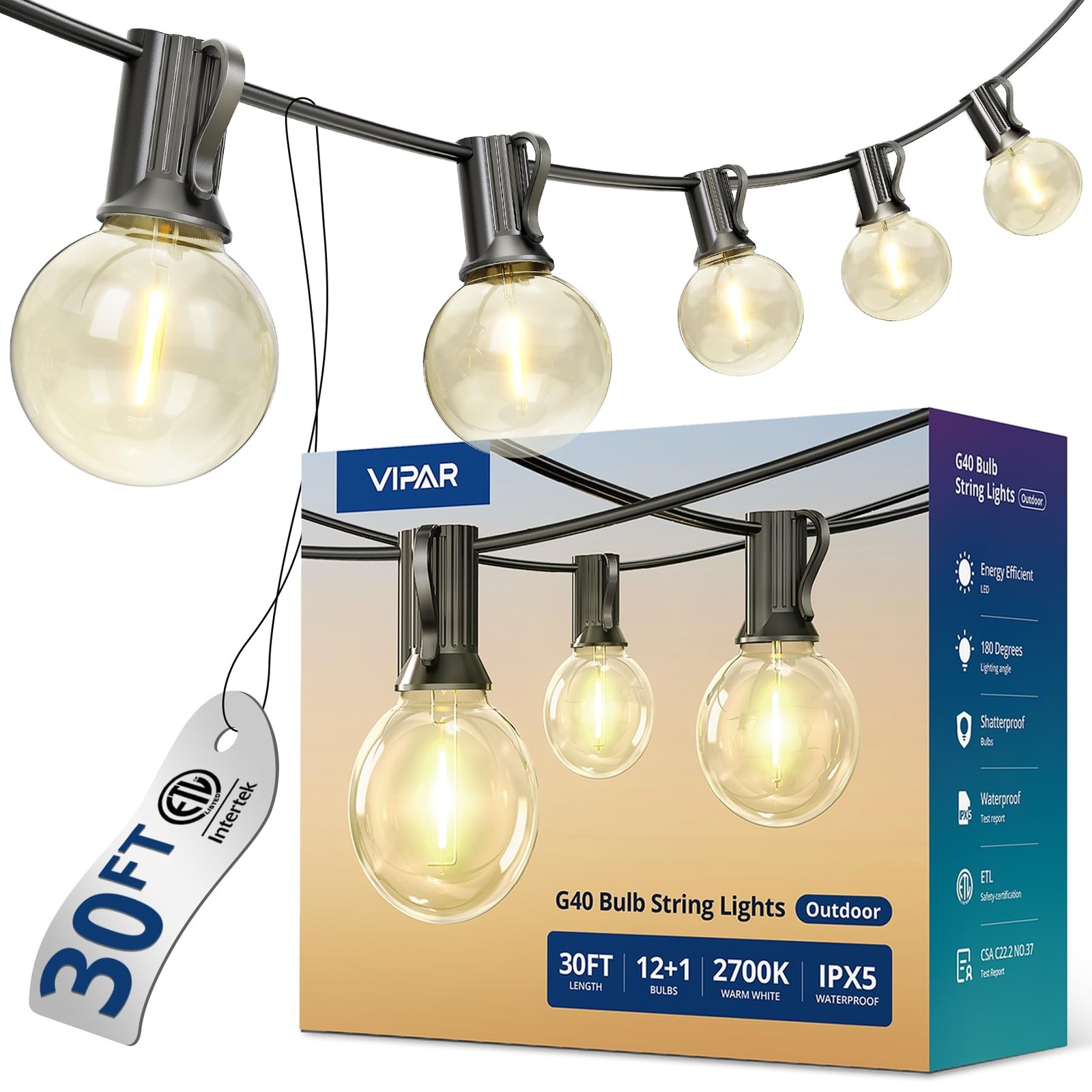 VIPAR Outdoor String Lights, 30FT 13 G40 Bulbs Patio Lights Outdoor Waterproo…