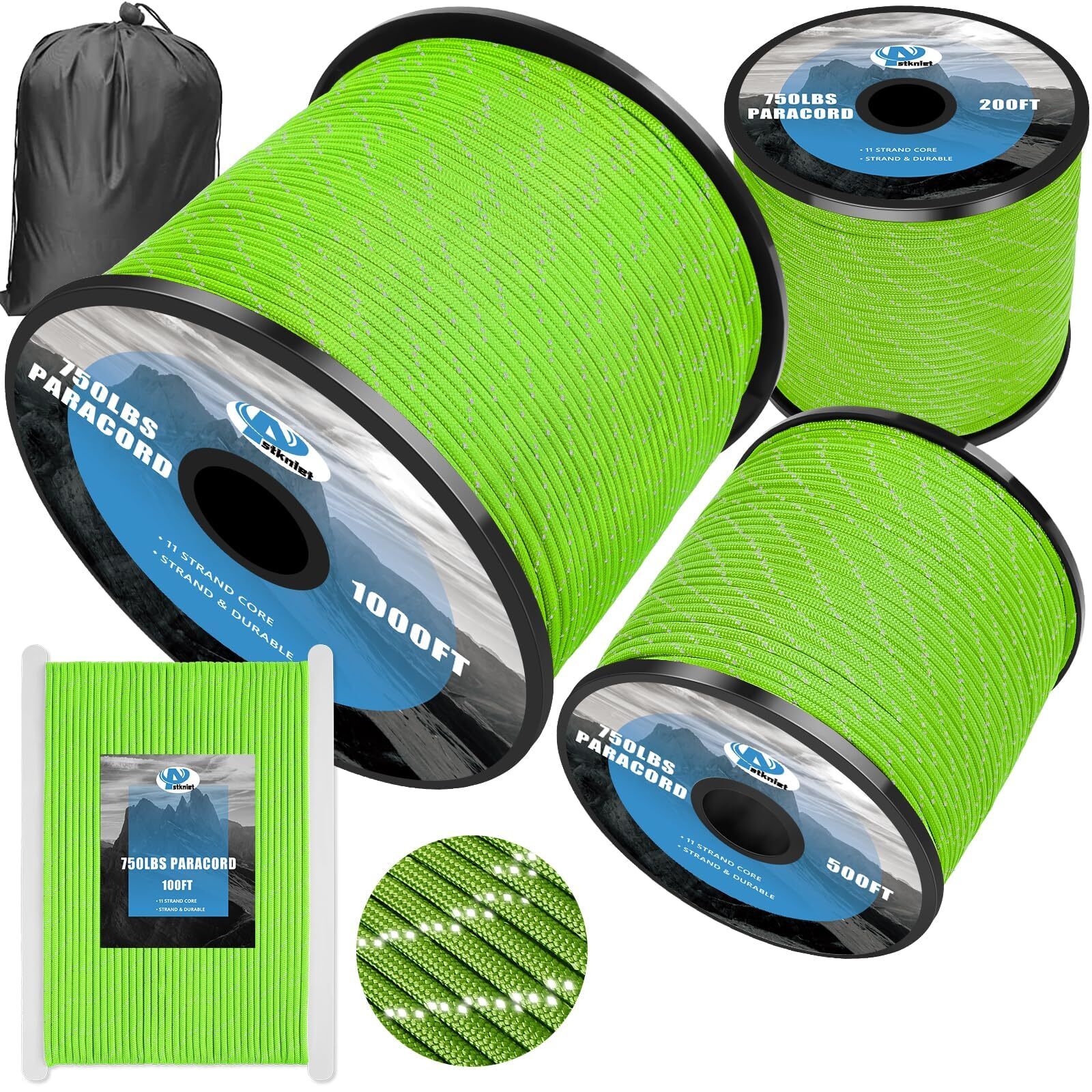 750Ib Reflective Paracord Rope100′ 4mm 11 Strand Parachute Spool Cord with Co…