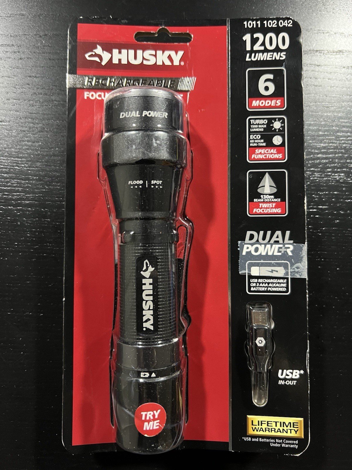 Husky 1200 Lumens Dual Power LED Rechargeable Focusing Flashlight PVL-FLT-0020