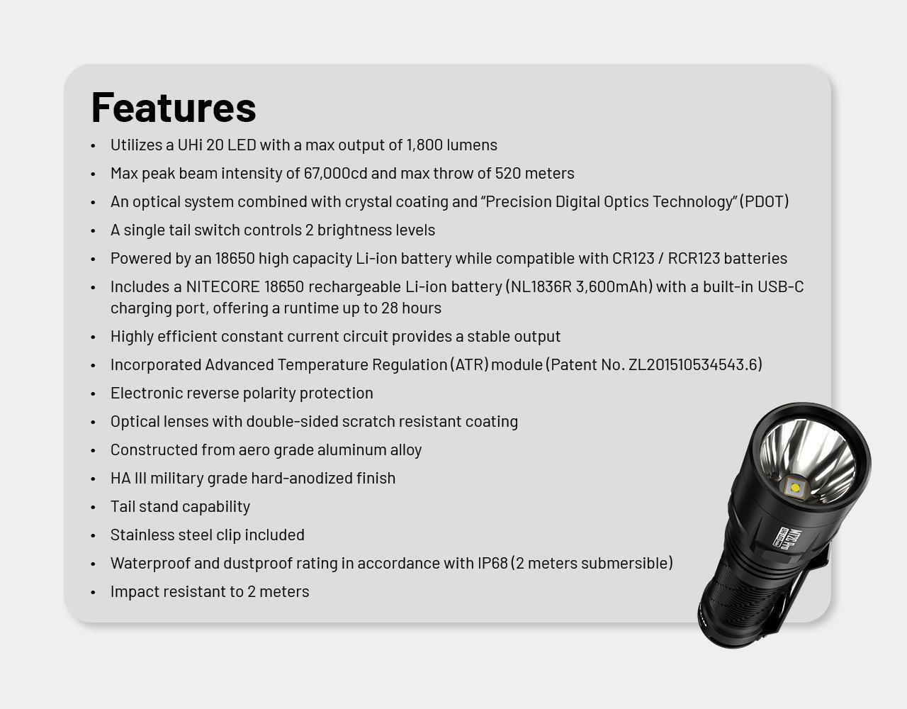 Nitecore MT2C Pro High Output Compact Tactical Flashlight- 1,800 Lumens w/ Nitec