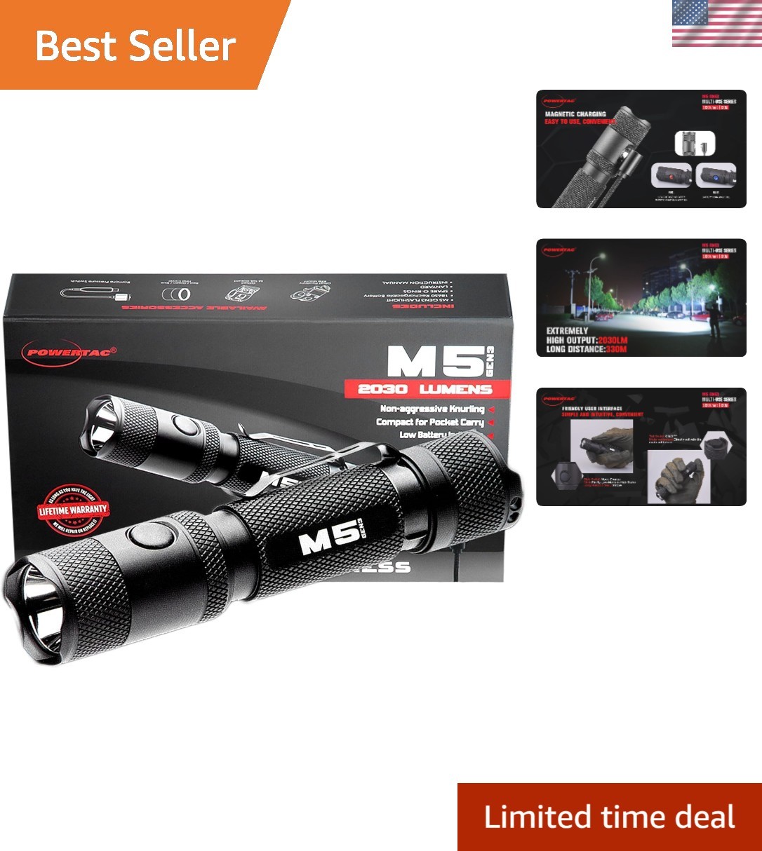 M5-G3 2030 Lumens Rechargeable Tactical Flashlight, 330M Throw with Magnetic …