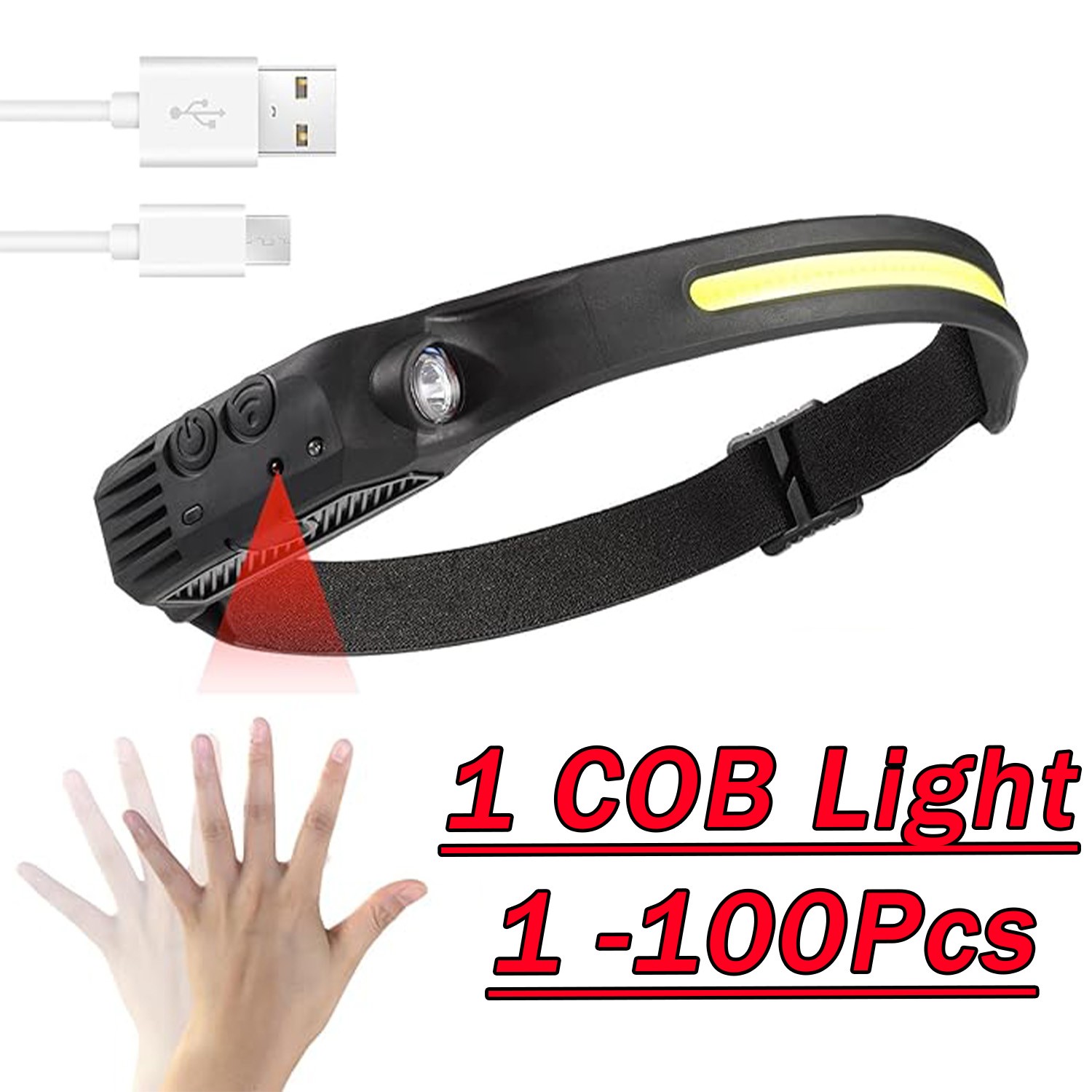 COB LED Headlamp USB Rechargeable Headlight Bar Head Band Torch Work Light 6000K