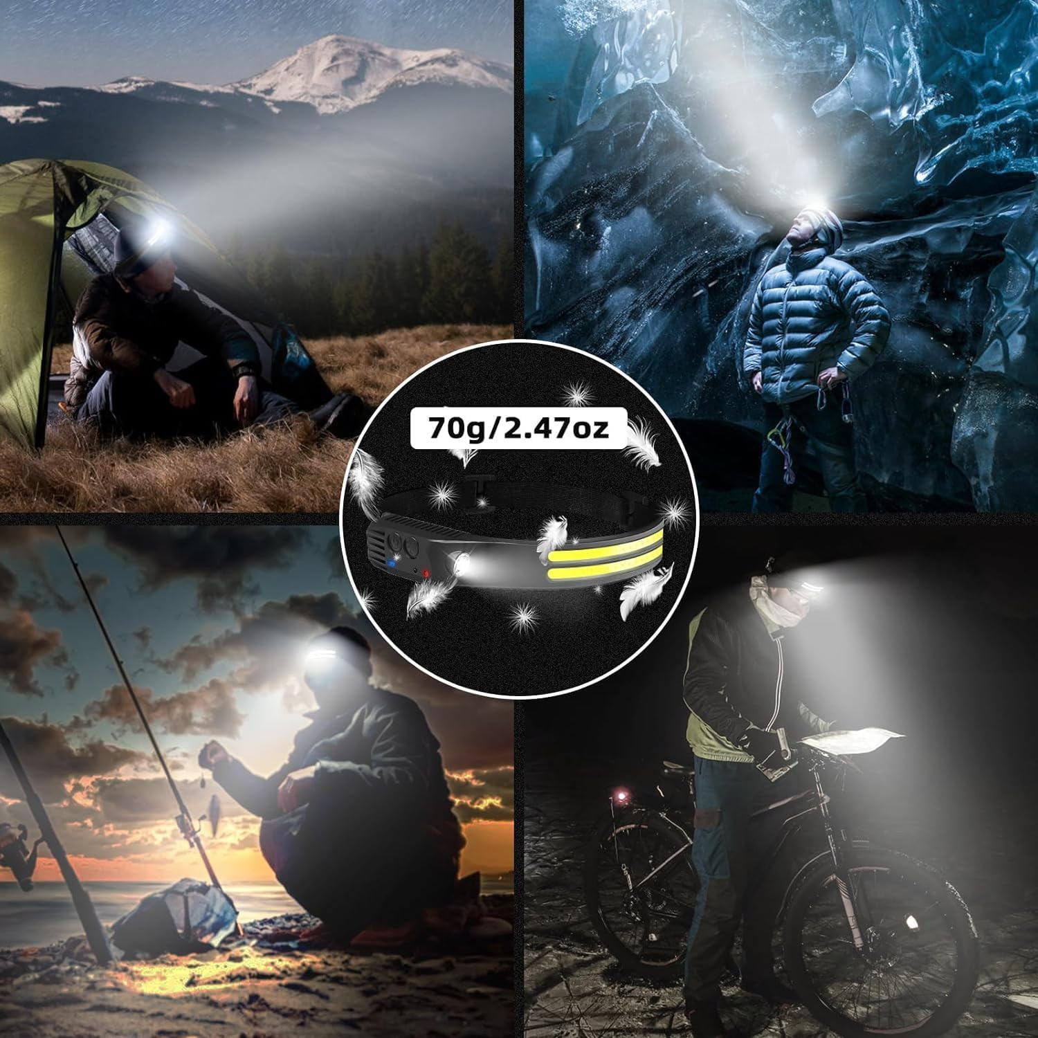 COB LED Headlamp USB Rechargeable Headlight Bar Head Band Torch Work Light 6000K