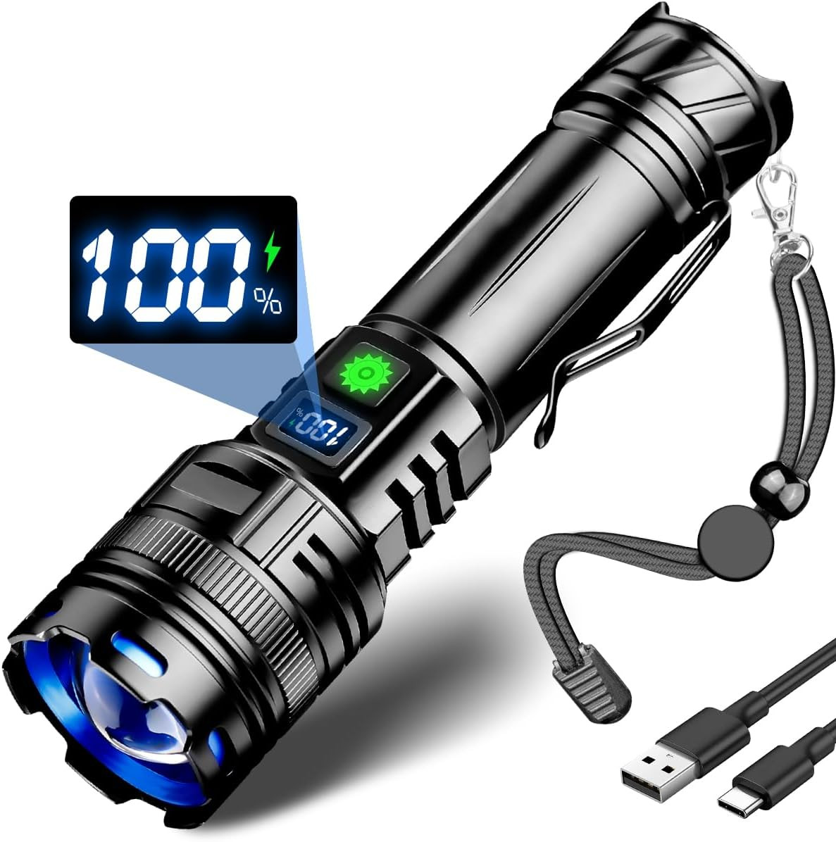 30W Rechargeable Flashlight High Lumens, 3280FT Long Range Zoomable Tactical Fla