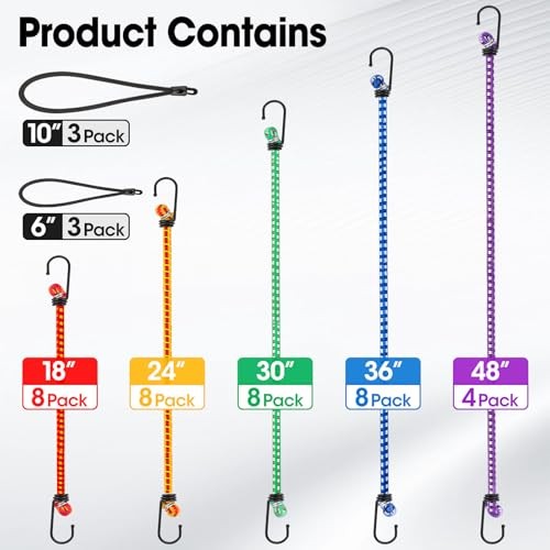 42 Pack Premium Bungee Cords with Hooks, Heavy Duty Outdoor Bungee Cords