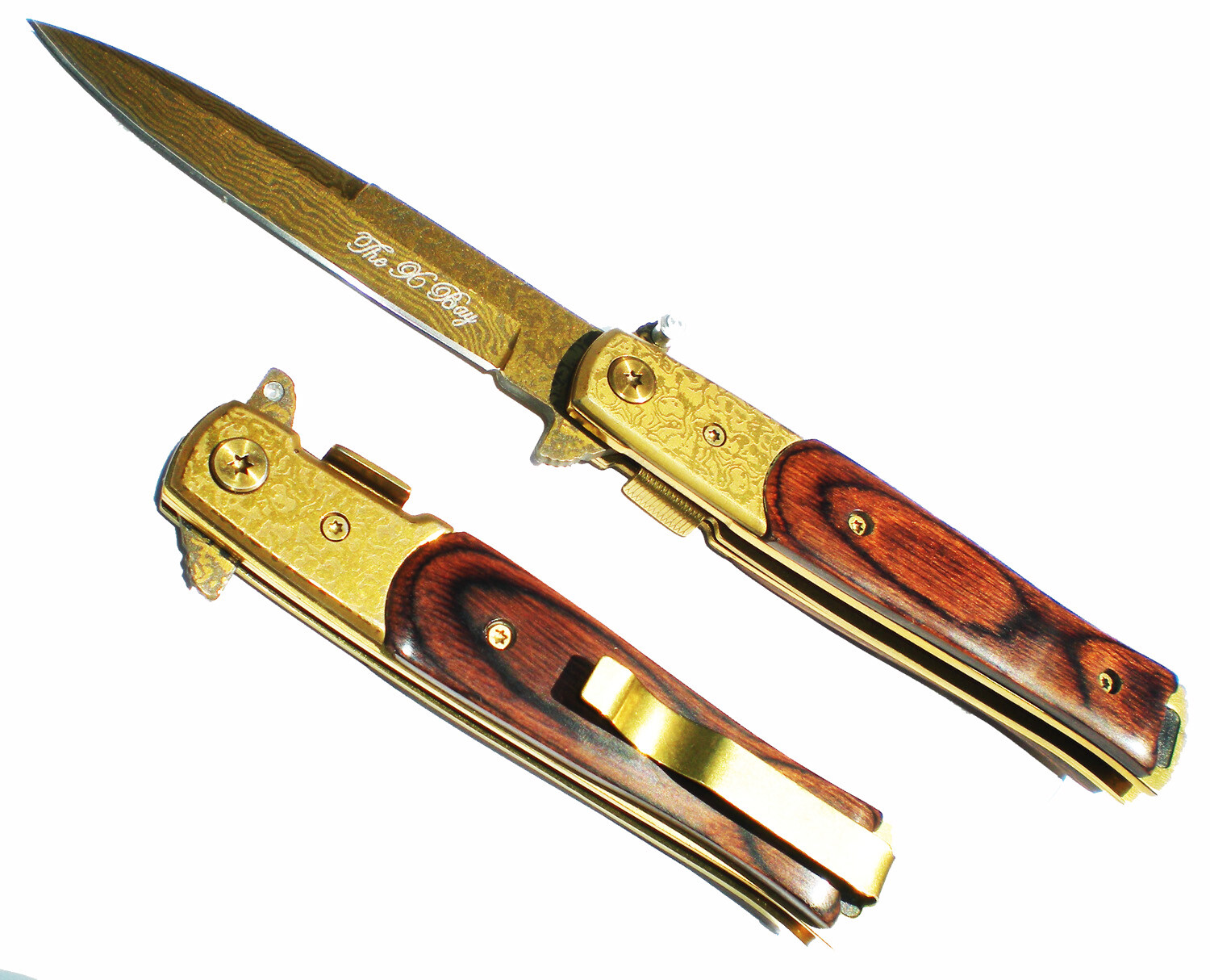 GOLD DAMASCUS Stiletto Blade Pocket Knife Assisted Open Opening Assisted