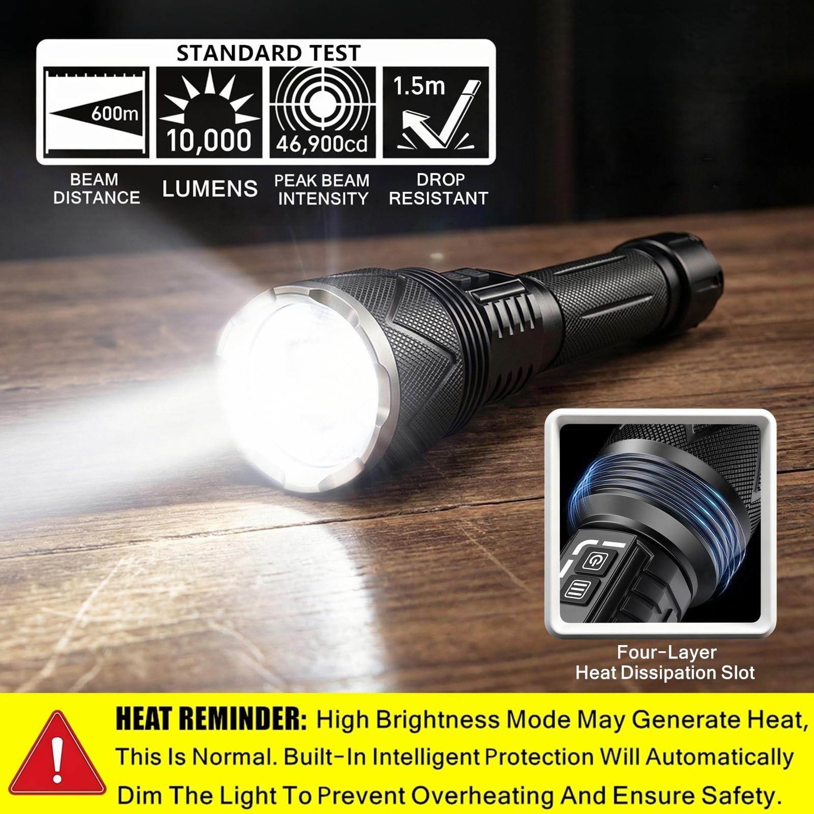 High Lumens Rechargeable Tactical Flashlight | 10,000 Lumens, 1968ft Range, Zoom