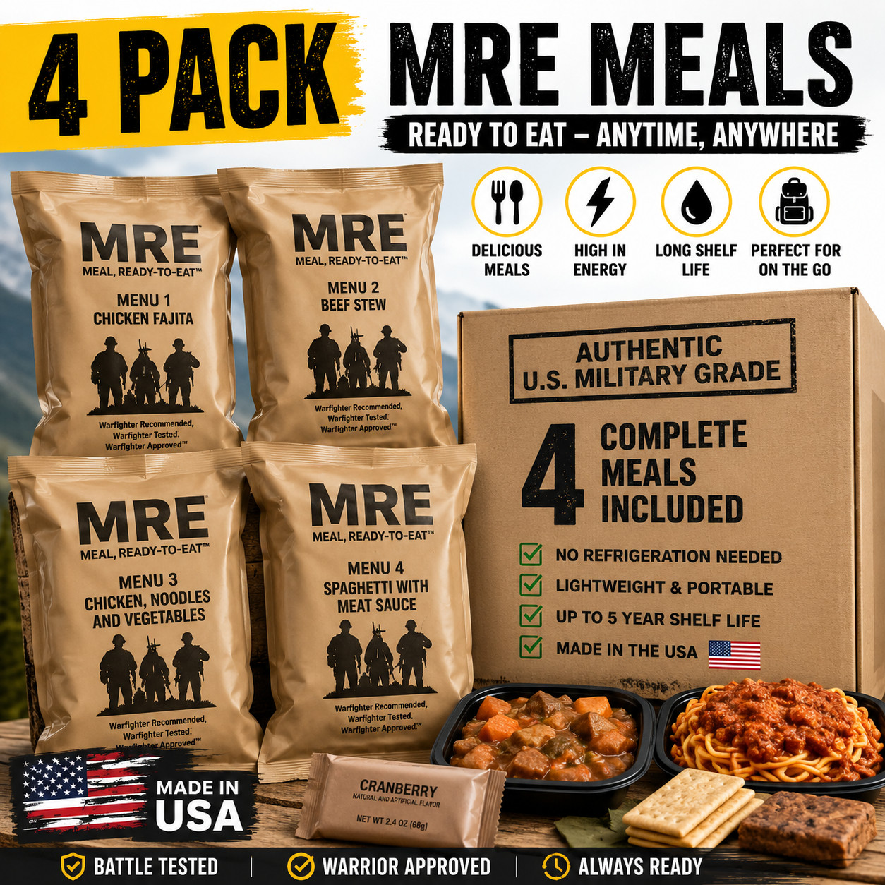 MRE Military Meals 4 PACK- Ready To Eat Survival Food, USA Made Military Meals