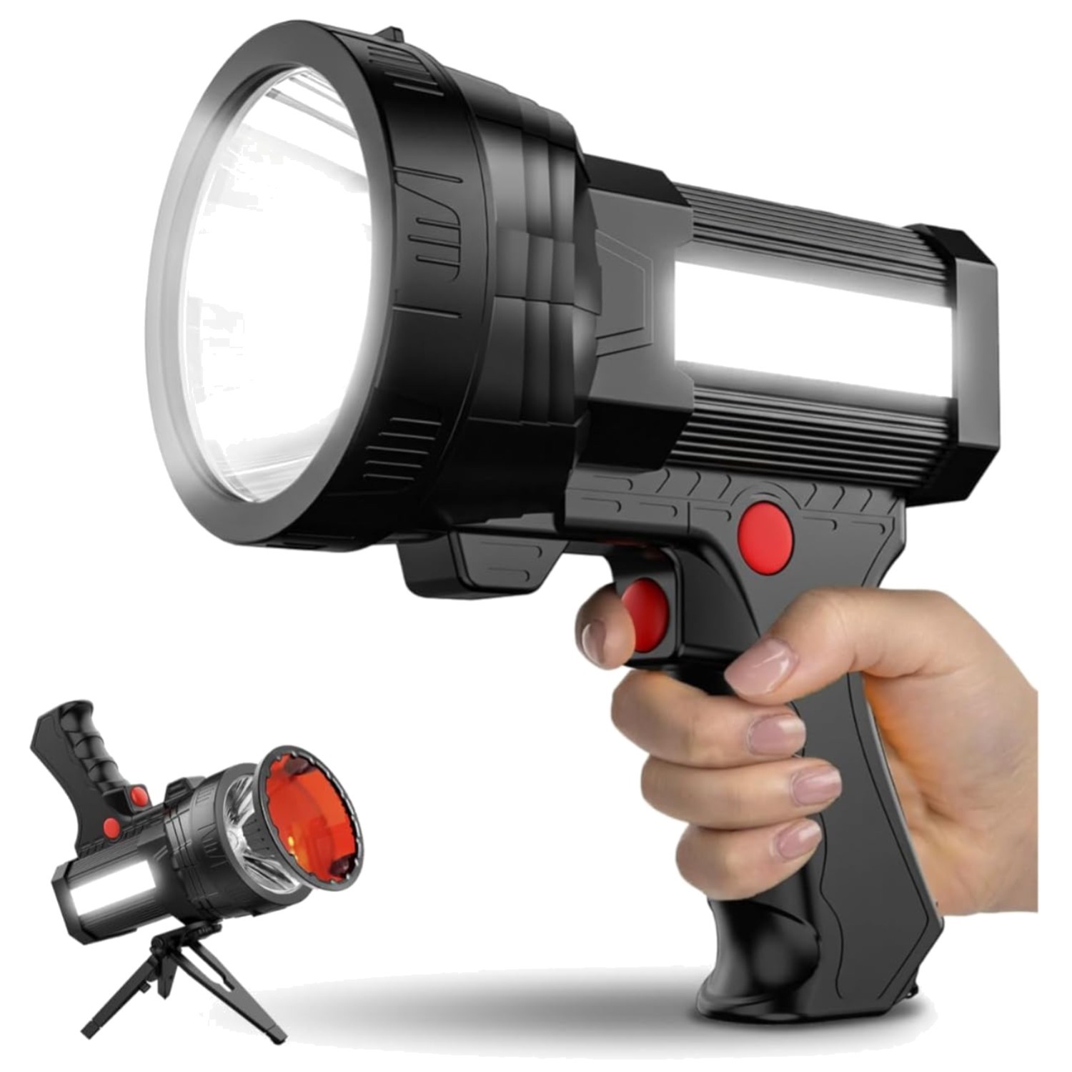High Lumen 1600000 LED Spotlight with 10,000 mAh Battery for Hunting and Camping