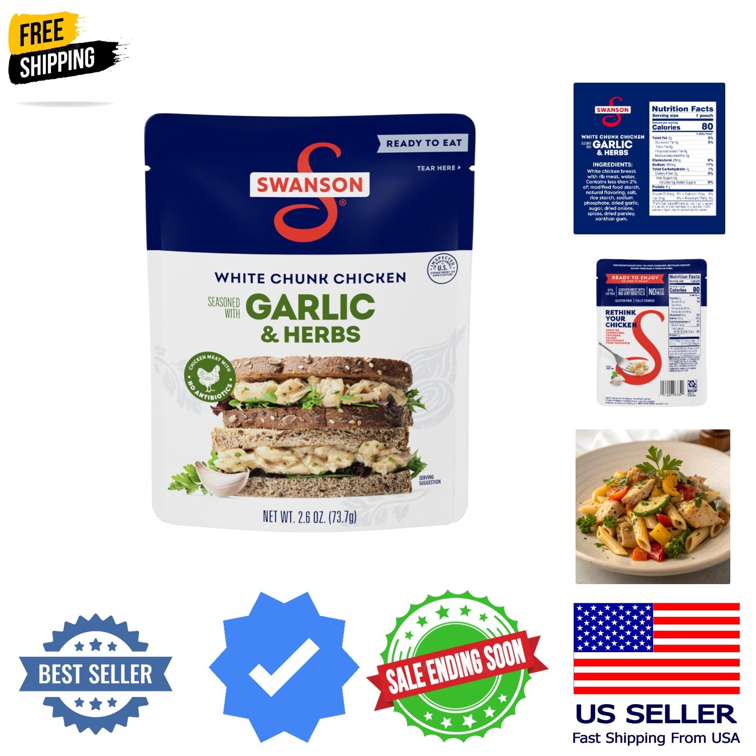 Swanson Garlic and Herbs White Chunk Fully Cooked Chicken, Ready to Eat, Simp…
