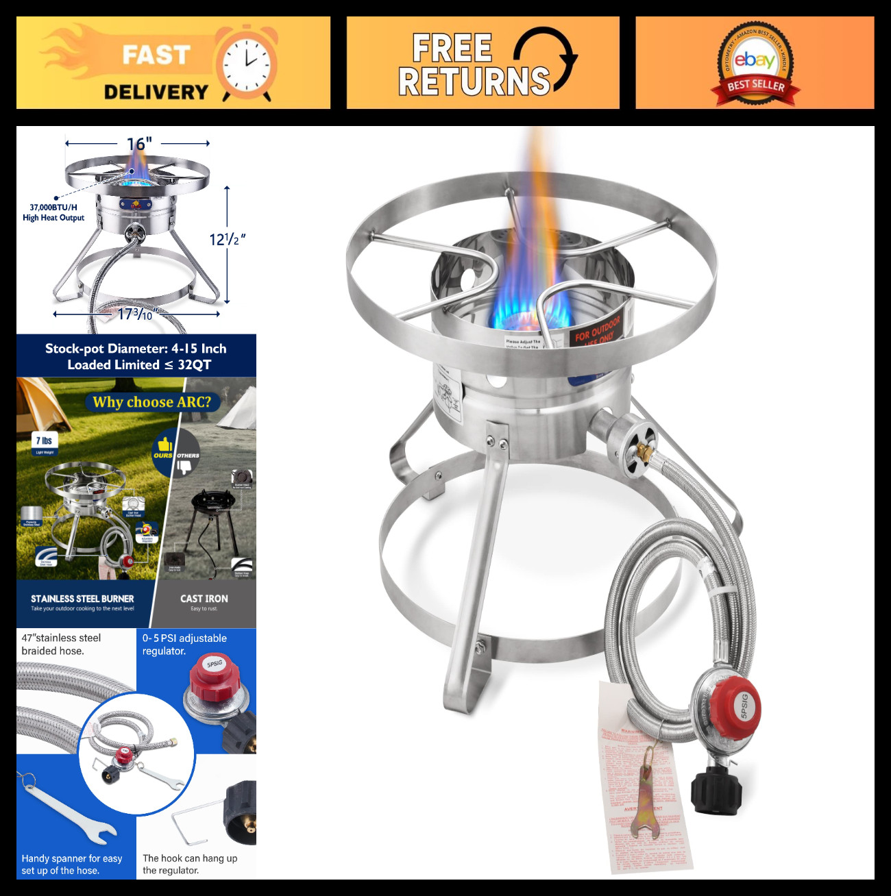 16″ Stainless Steel Propane Burner Stove – Adjustable Regulator, Outdoor Cooking