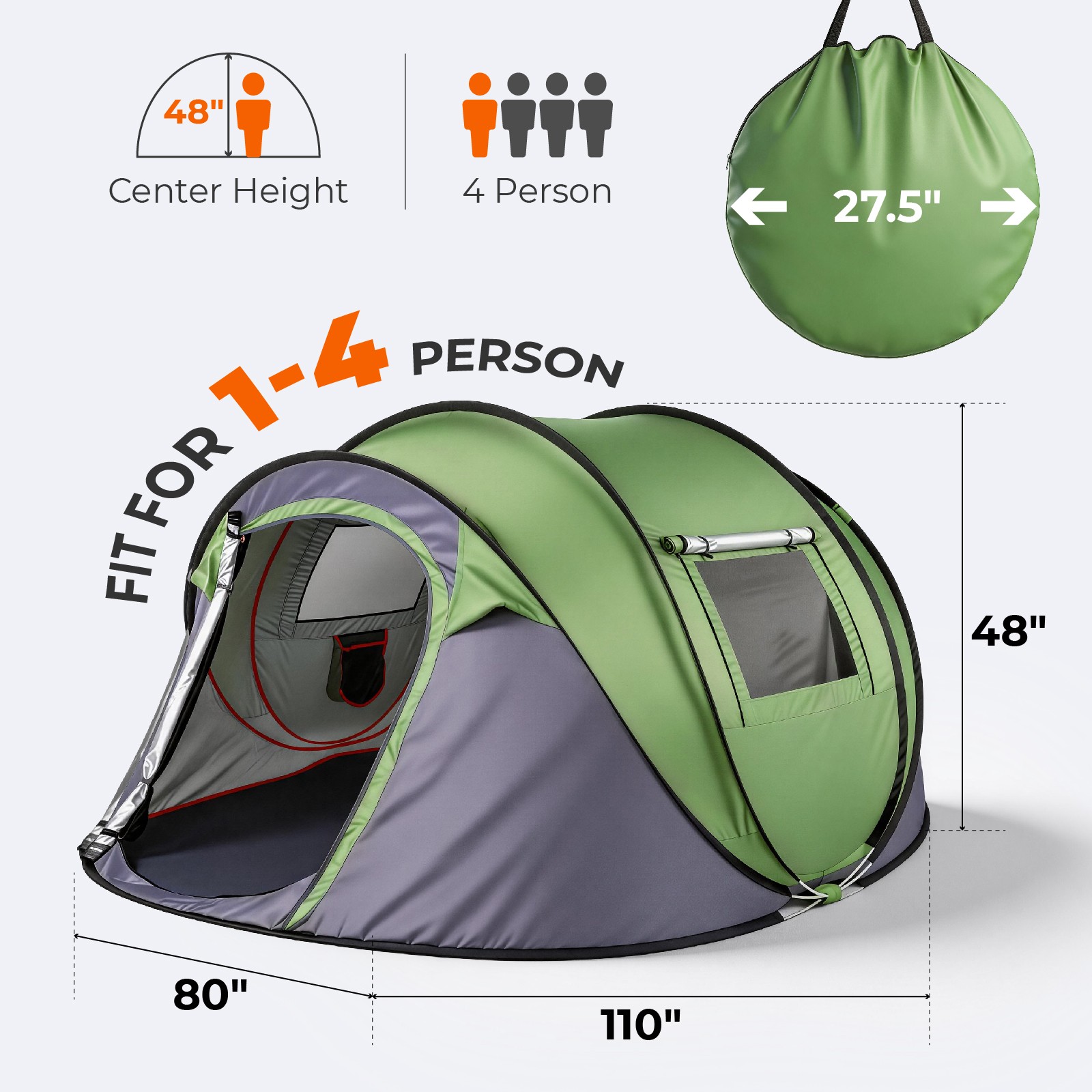 4 Person Pop Up Tent for Camping, Waterproof Automatic Tent Green