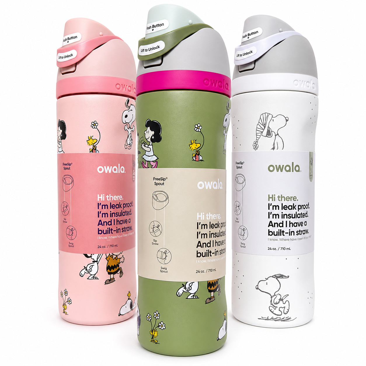 New Owala Cute Snoopy Tumbler Sport insulated Water bottle Flip Lock 24/32 OZ US