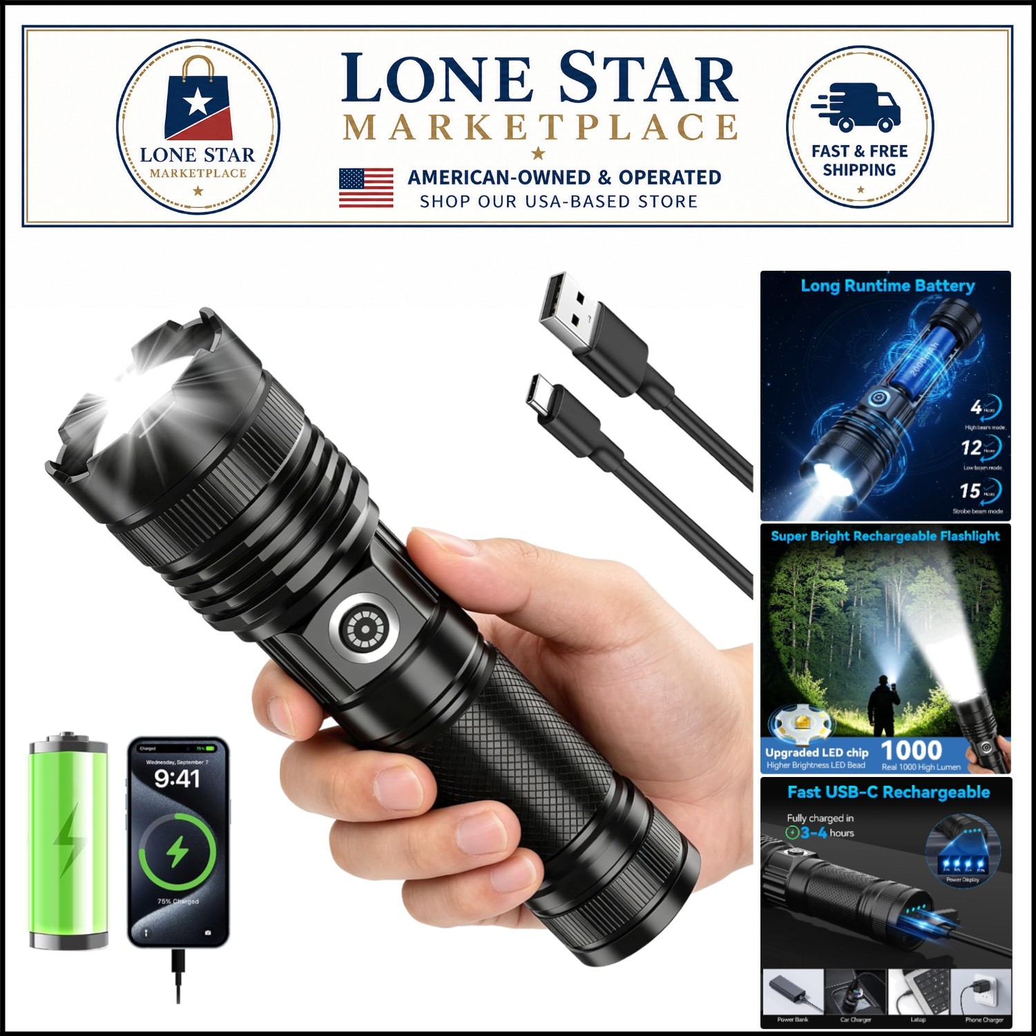 Super Bright Adjustable Focus Flashlight – 3 Modes & 1000 Lumens for Emergencies