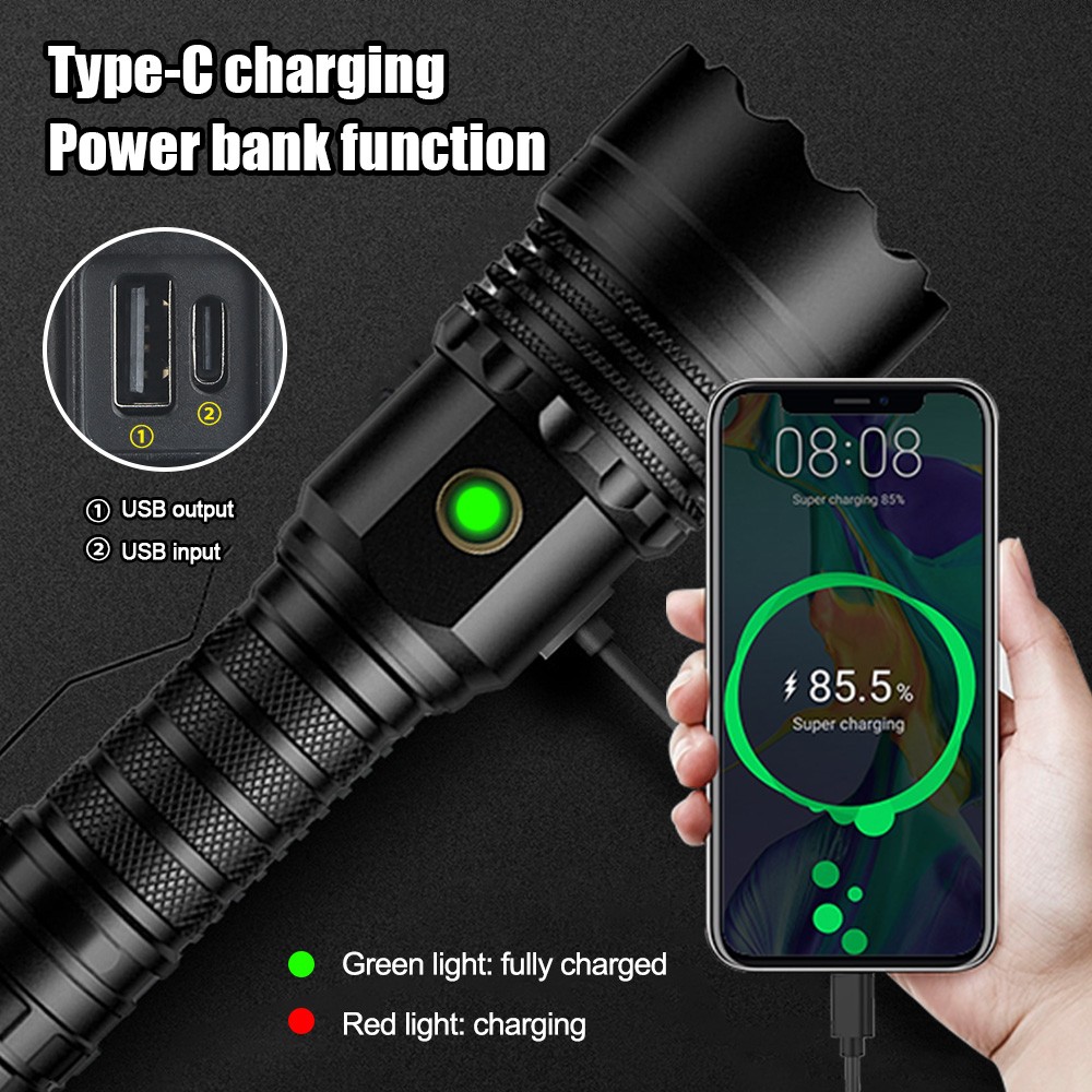 USB 4-Core Laser LEP Flashlight Type-C Charging Power Bank Torch White Light