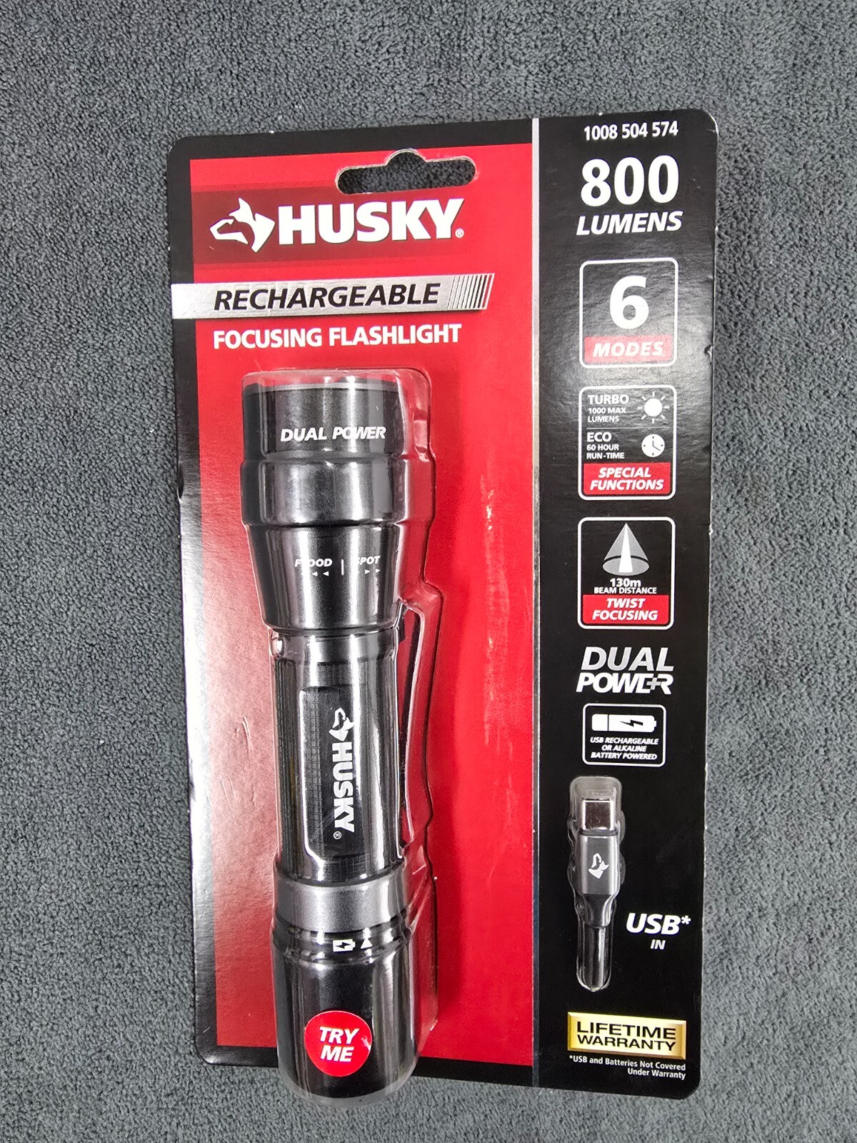 Husky 800 Lumens Dual Power LED Rechargeable Focusing Flashlight with Rechargea