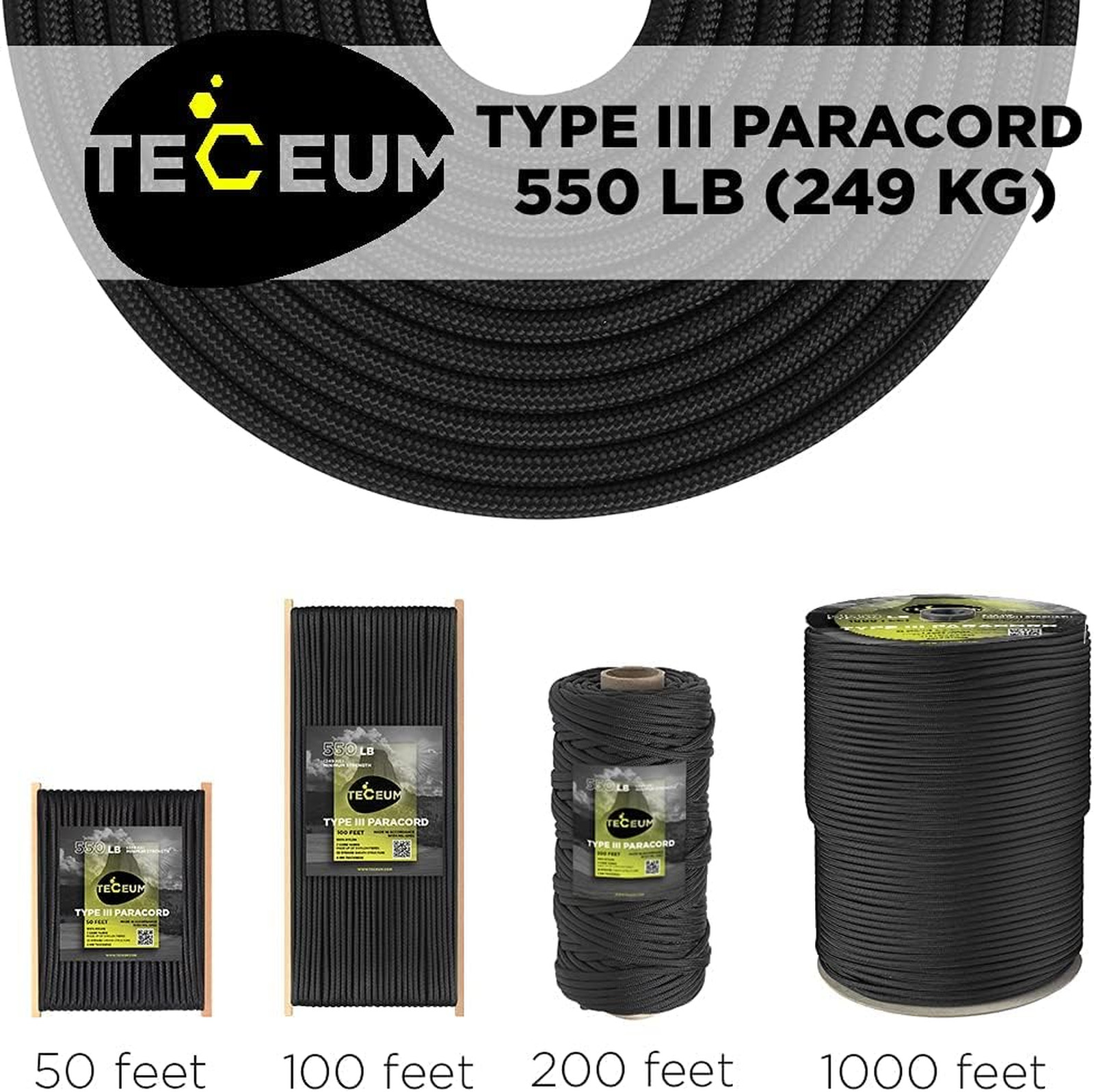 Paracord Rope 550 lb Nylon Core 4mm 50ft to 1000ft Black Mil-Spec Utility