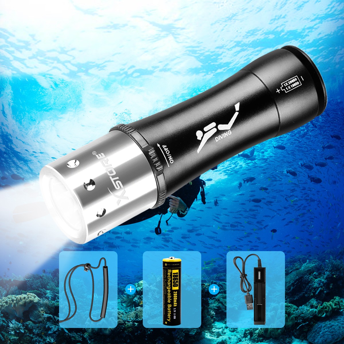 90000LMS Scuba Diving LED Flashlight Underwater 80M Waterproof Dive Torch Light