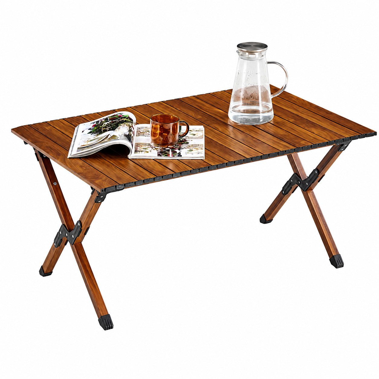 37in Portable Folding Camping Table Aluminum Picnic Table Wood Grain Brown