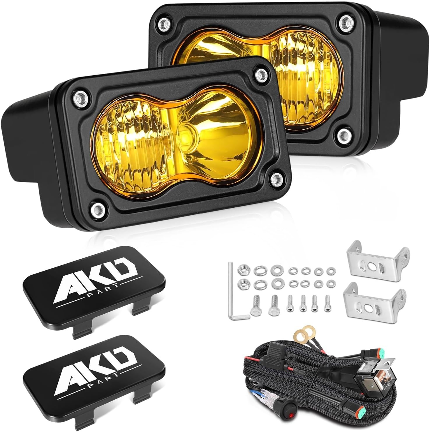 Yellow LED Pods with Wiring Harness & Black Covers 3″ 40W CREE LED Ditch Lights