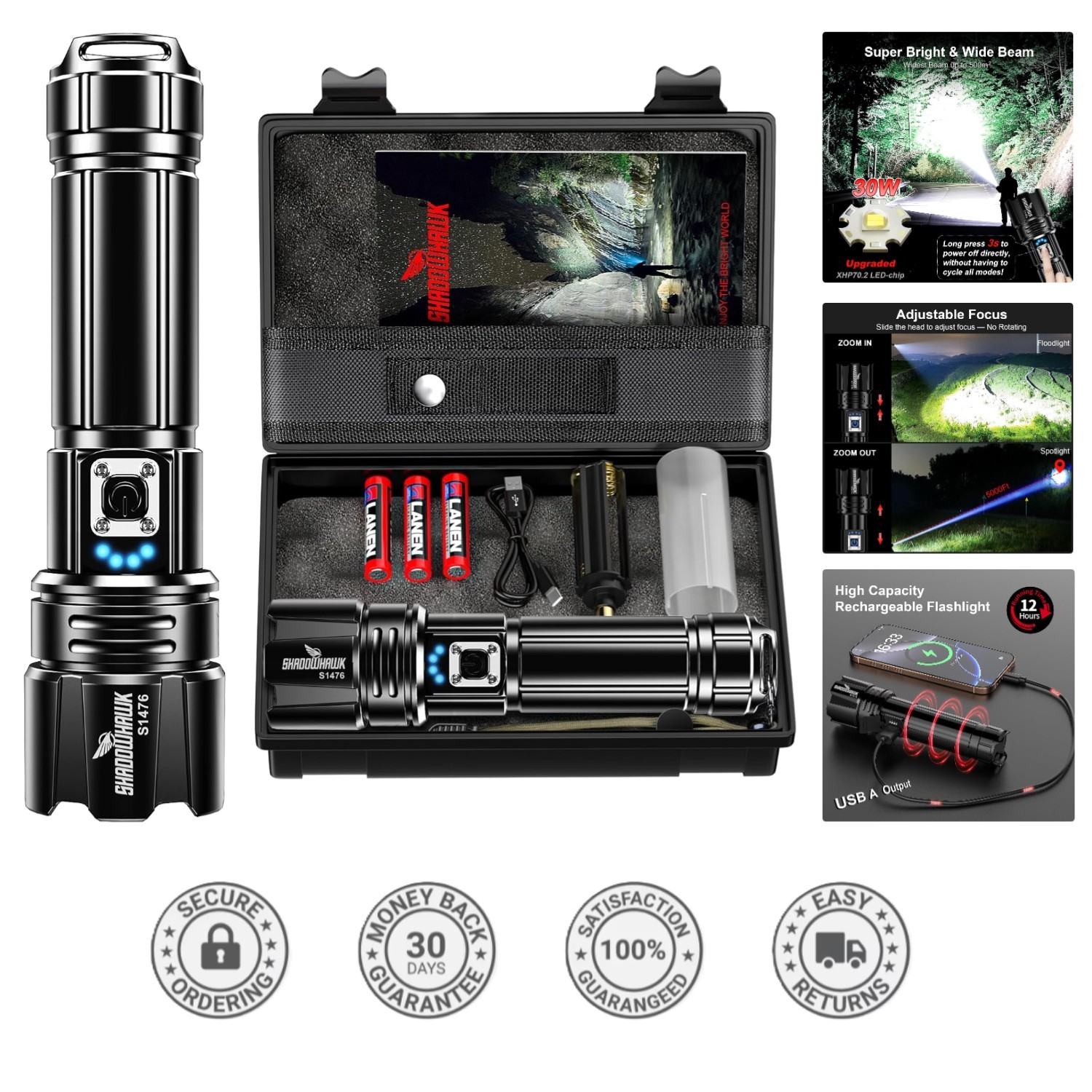 10000 Lumens Tactical LED Flashlight – Rechargeable, 30W with 5000ft Beam