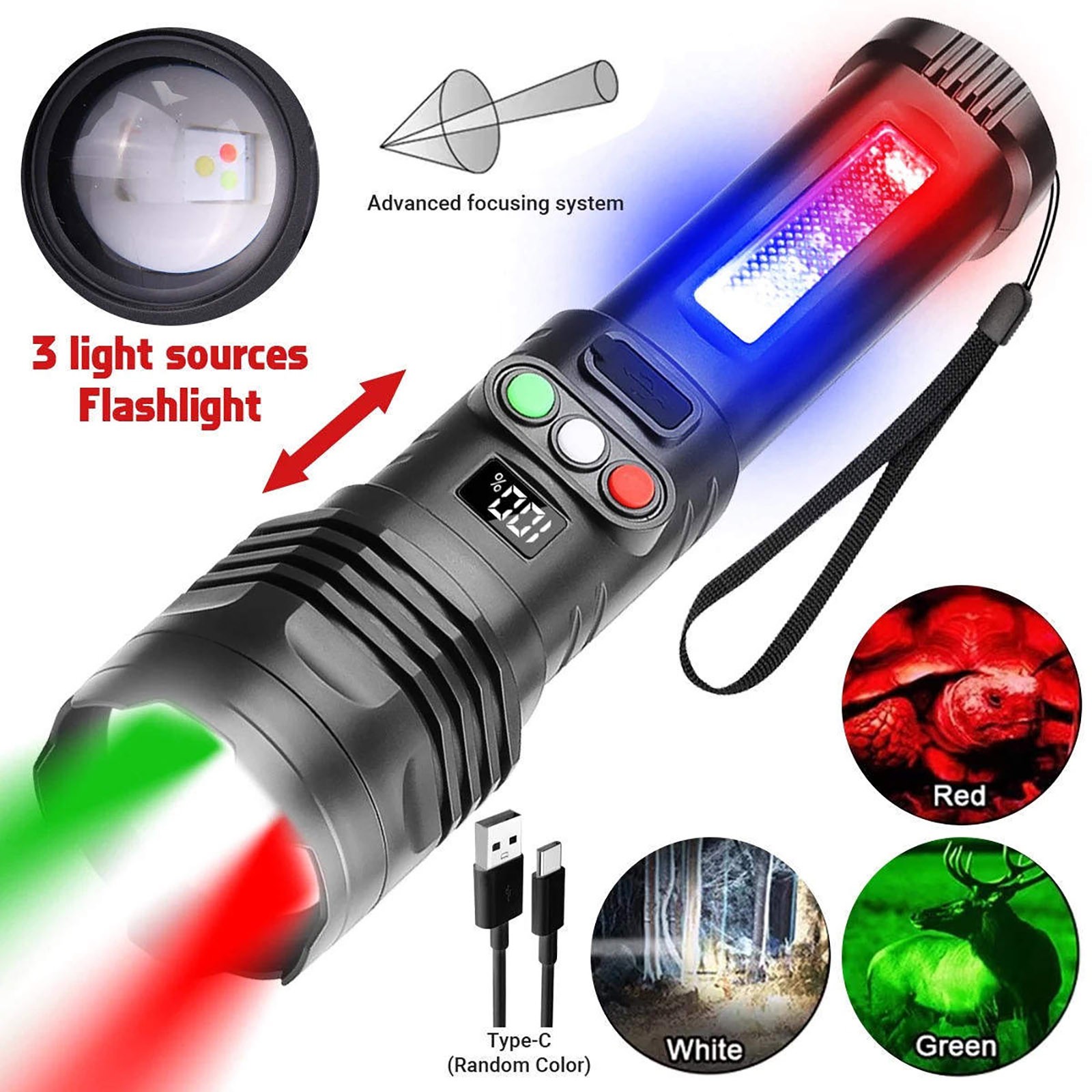 IPX4 Waterproof Rechargeable Flashlight 3 Color LED 1200mAh Type C USB Zoom