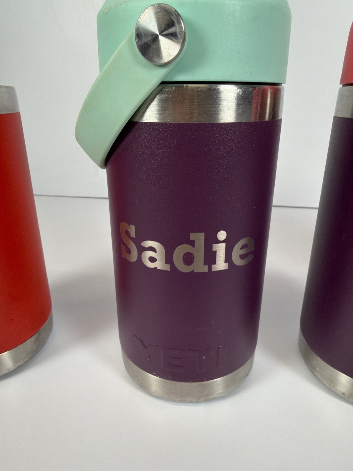 Lot of 4 22oz YETI Rambler Bottles & 3 Chug Lids Purple & Red Stainless Engraved